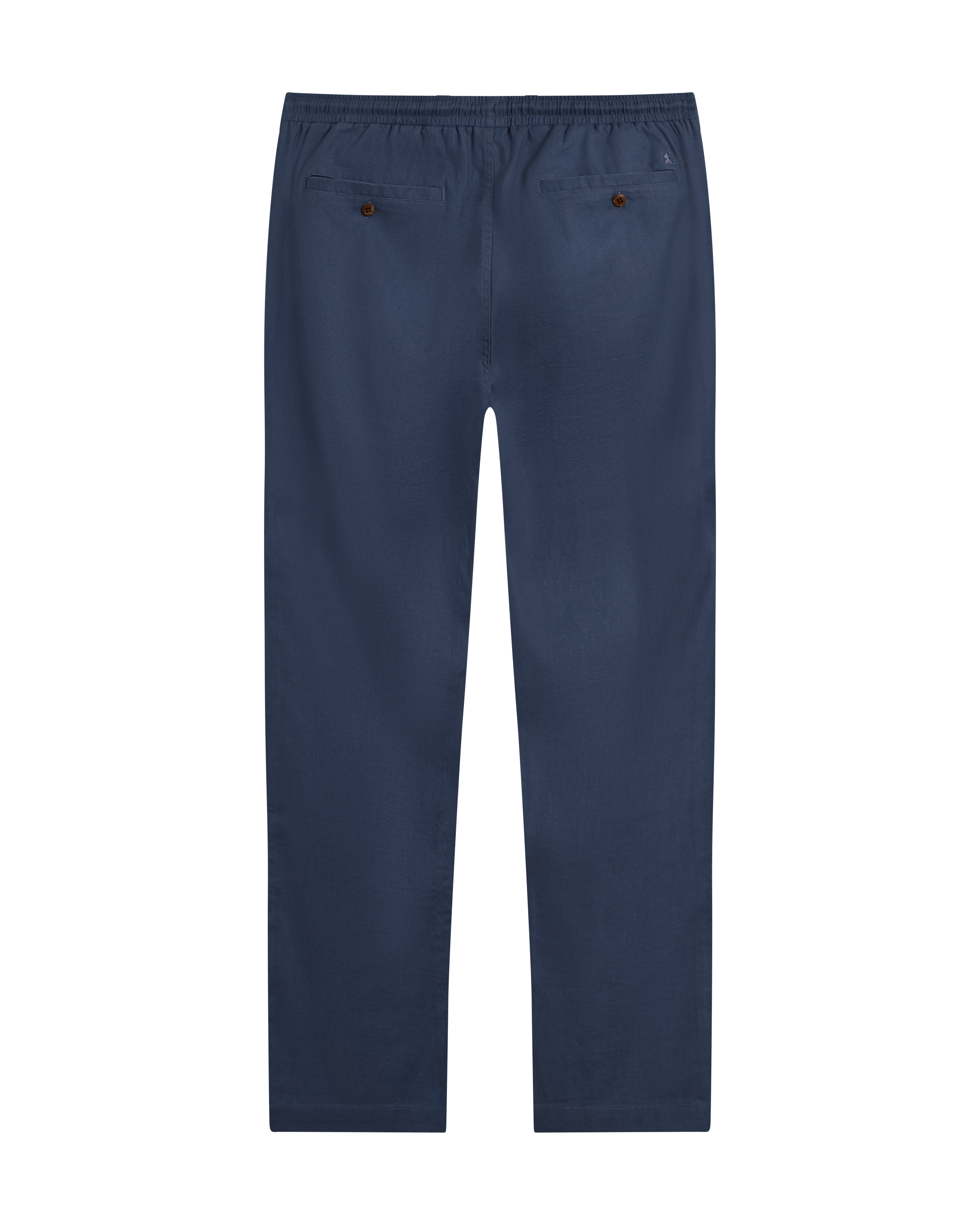 The Brisa Linen Pant - Moontide by Dandy Del Mar, shown from the back with an elastic waistband and two buttoned back pockets—ideal for comfortable vacation wear.