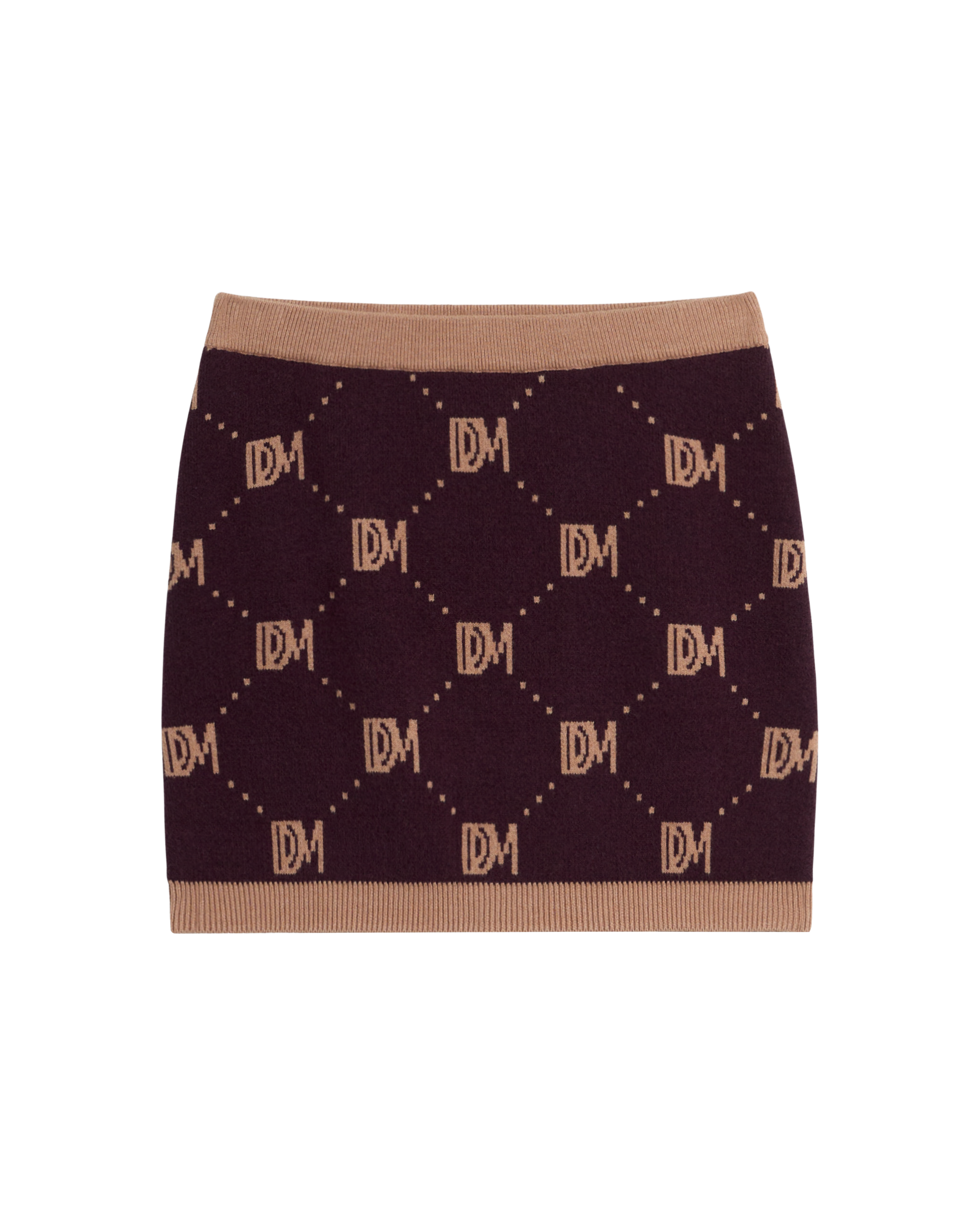 The Canela Skirt - Amethyst by Dandy Del Mar is a brown and tan sweater knit mini skirt with an all-over "DM" monogram pattern and tan bands at the elastic waistband and hem.