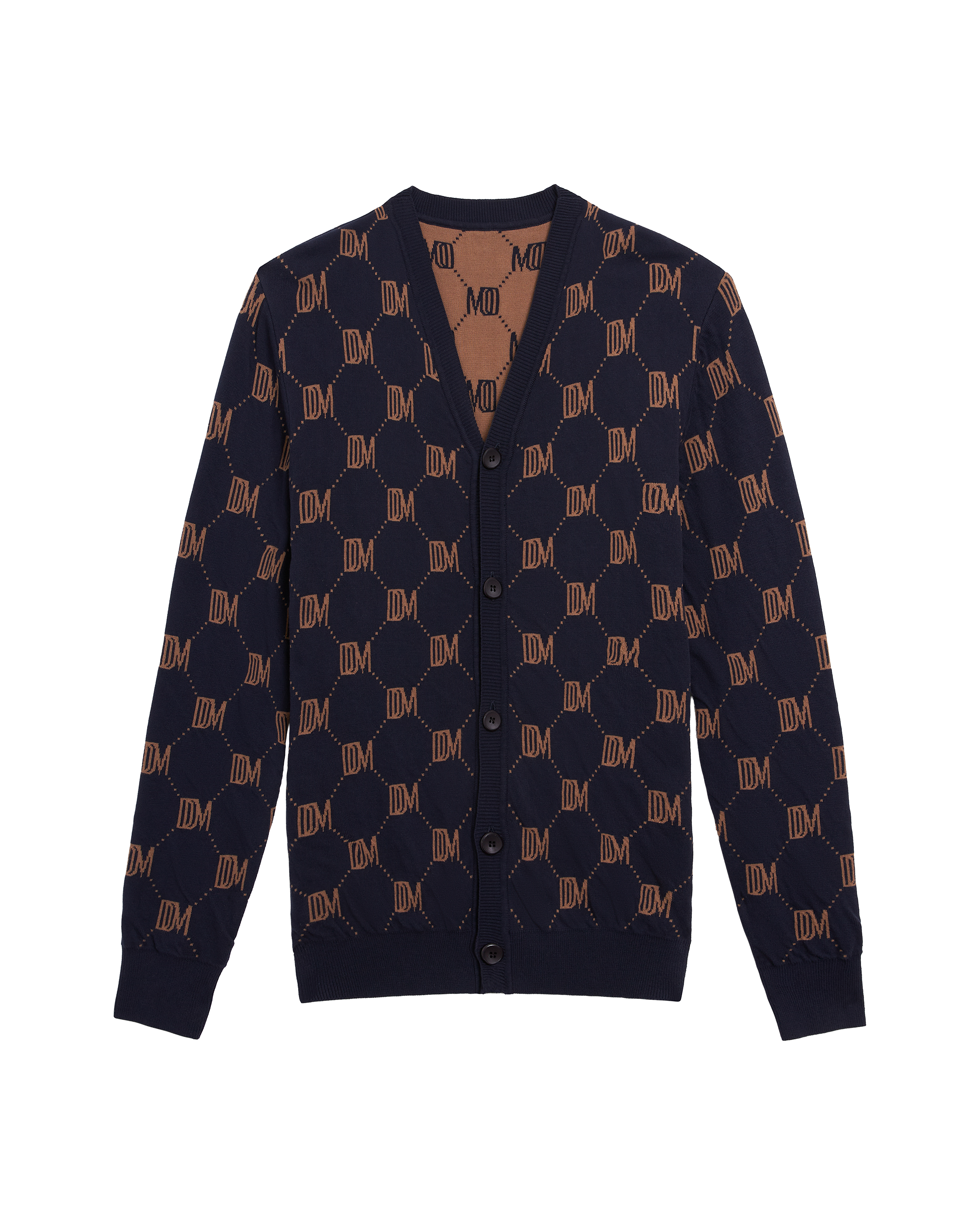 The Castello Cardigan - Abyss by Dandy Del Mar features a navy blue hue, brown geometric pattern with "DM" lettering, DDM Monogram motif, V-neck, and button closure for a refined luxury look.