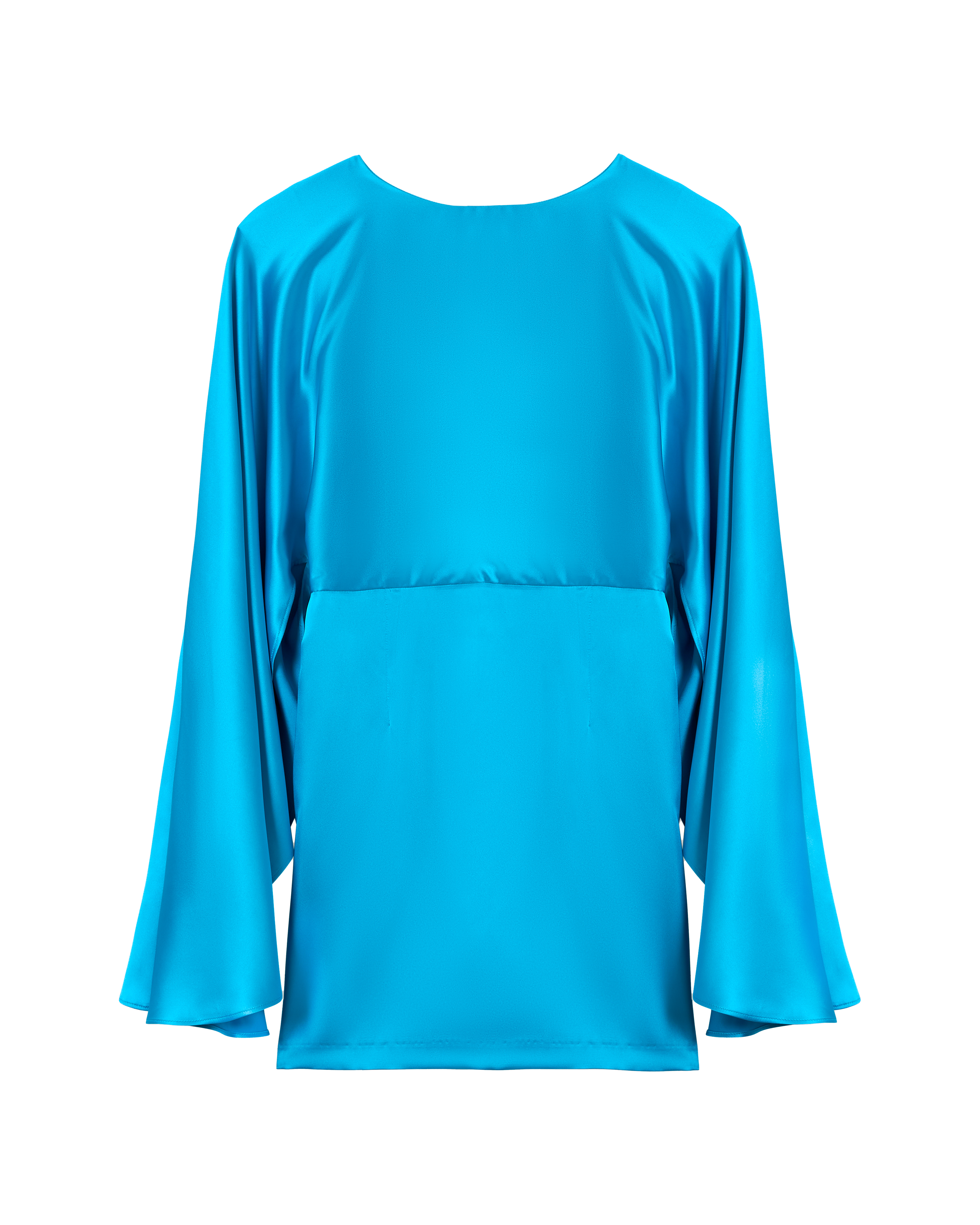 The Catania Satin Angel Sleeve Dress - Lago by Dandy Del Mar, shown from the back against a white background, features a bright blue hue, long wide angel sleeves, loose fit, and an empire waist.