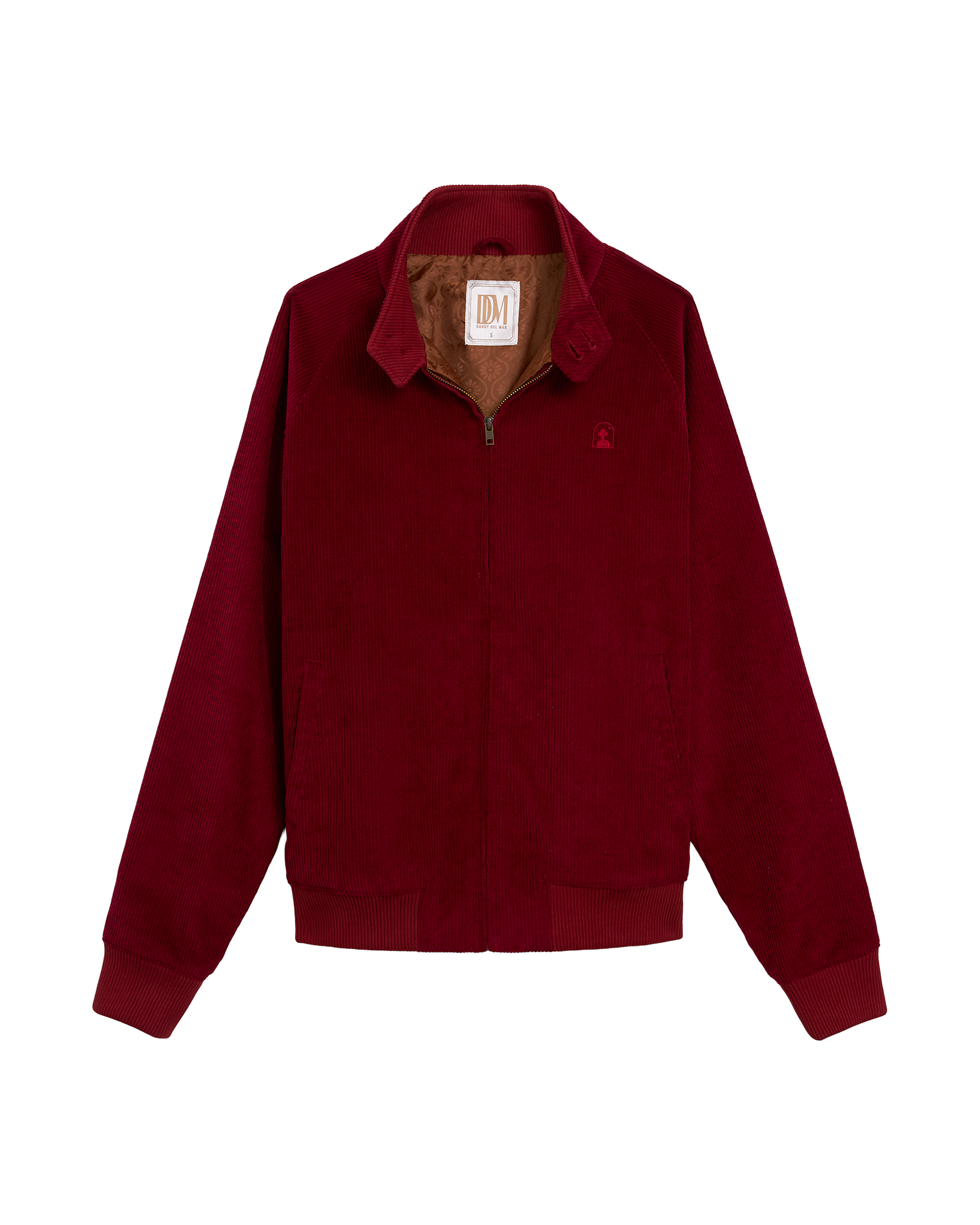 The Corsica Corduroy Jacket - Sangria by Dandy Del Mar, shown laid flat on a white background, features premium Italian corduroy, a zip front, two side pockets, a turn-down collar, and brown lining.
