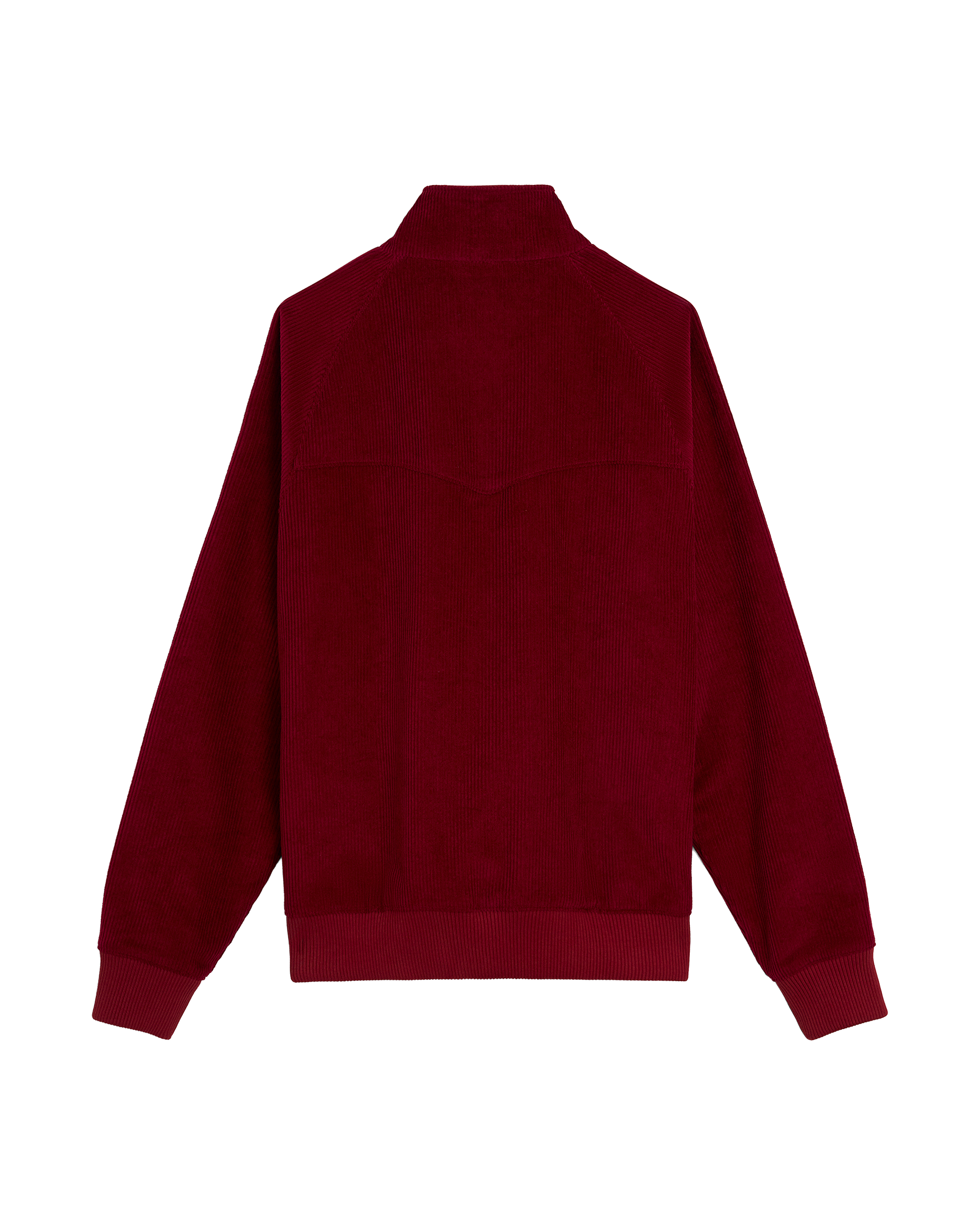 The Dandy Del Mar Corsica Corduroy Jacket - Sangria is shown from the back, featuring long sleeves, a ribbed hem, and a high collar.