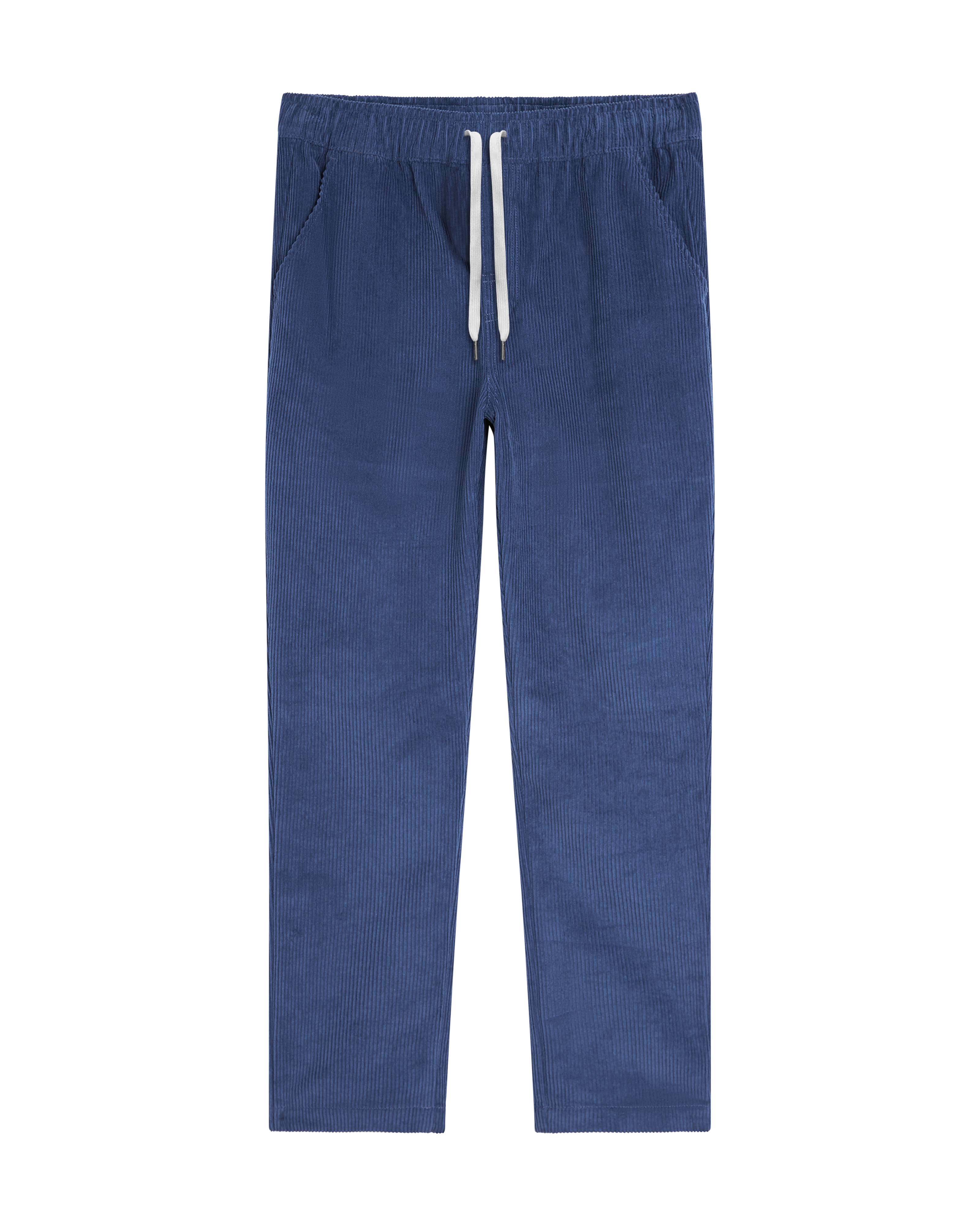 The Corsica Corduroy Pant - Moontide by Dandy Del Mar, crafted from soft 8-wale corduroy with an elastic waist, white drawstring, and side pockets, is shown laid flat on a white background.