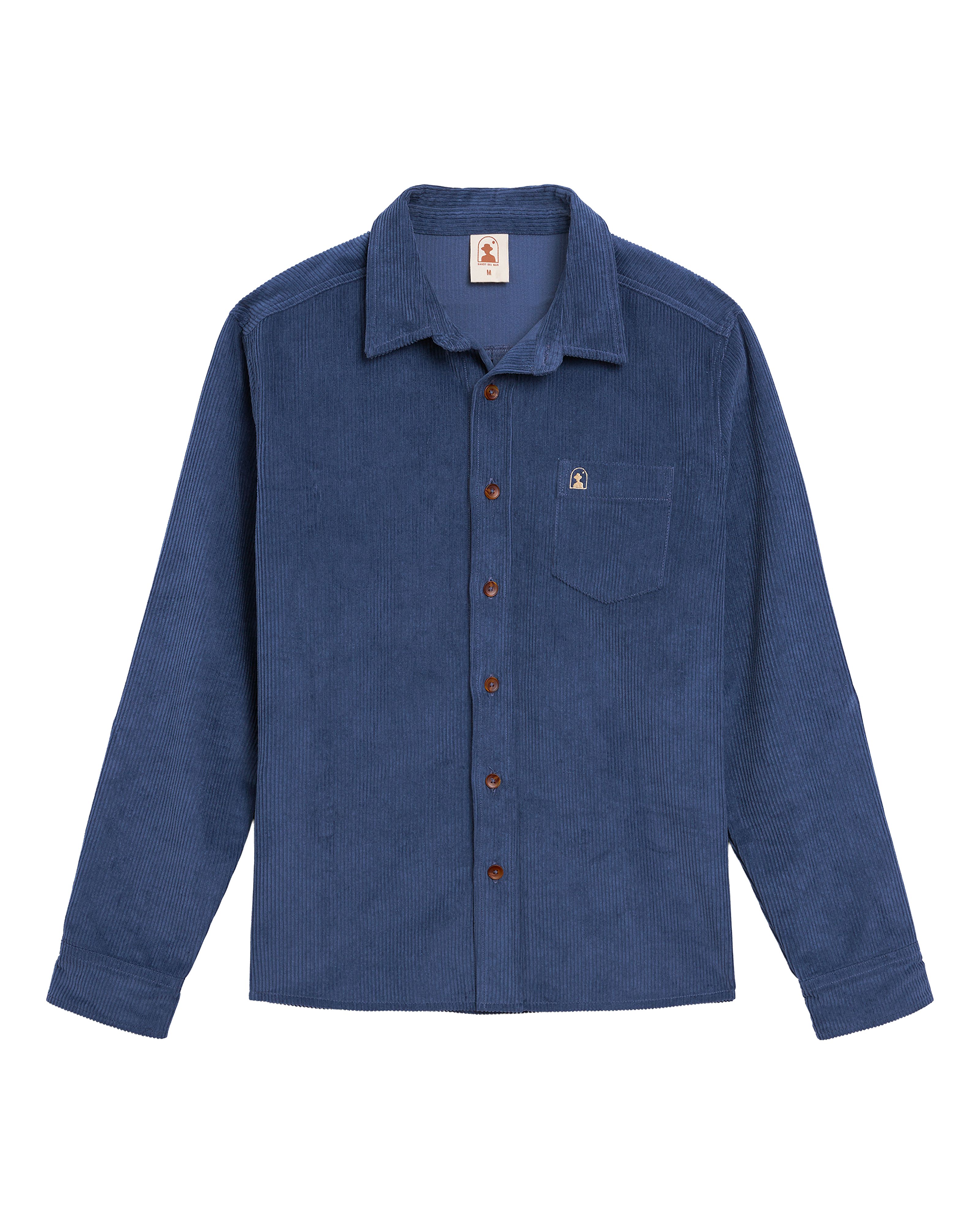 The Corsica Corduroy Shirt - Moontide by Dandy Del Mar features blue 8-wale corduroy, long sleeves, chest pocket, brown buttons, and a tailored relaxed fit. Shown laid flat on a white background.