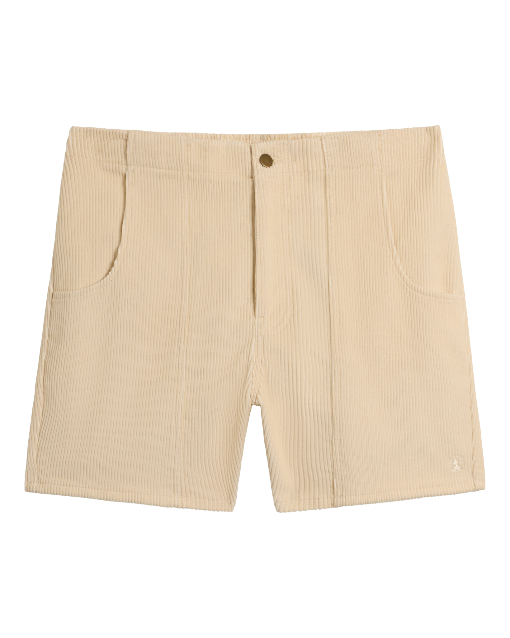 The Dandy Del Mar Corsica Corduroy Shorts - Scallop feature a 5-inch inseam, front pockets, button closure, and straight hems in beige corduroy, displayed against a white background.