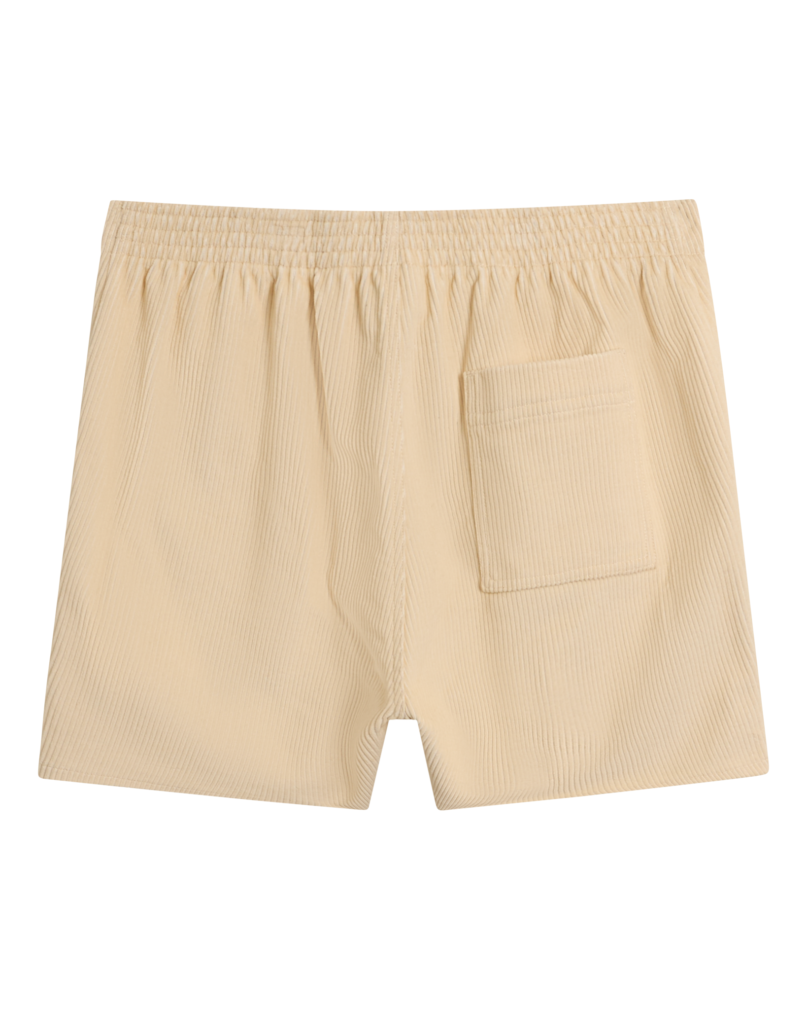 The Dandy Del Mar Corsica Corduroy Shorts - Scallop feature a beige hue, elastic waistband, single back pocket, and a comfortable 5-inch inseam, shown against a plain white background.