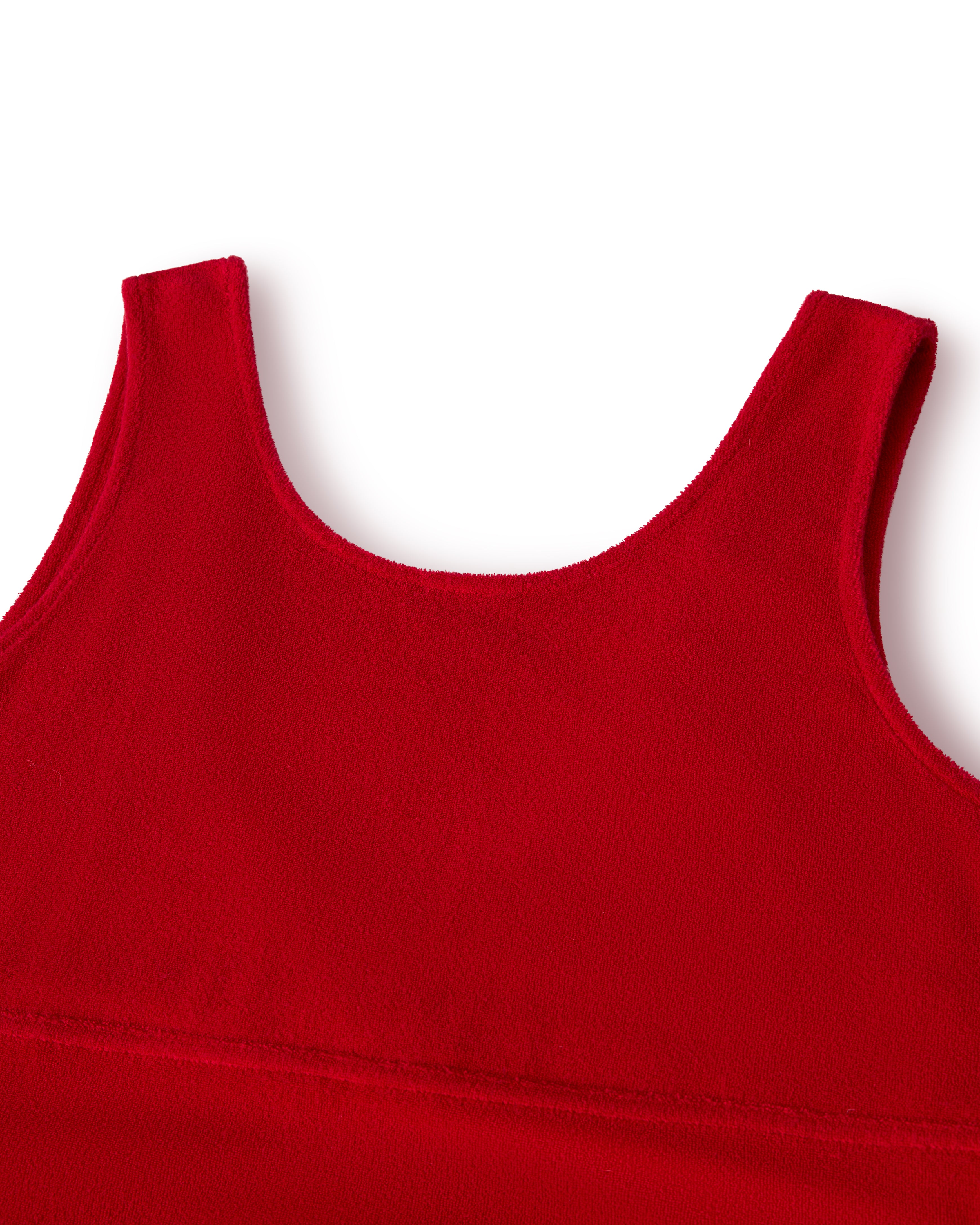Close-up of the upper part of The Cyprus Dress - Pico by Dandy Del Mar, highlighting its sleeveless design, scoop neck, and terry cloth texture against a white background.