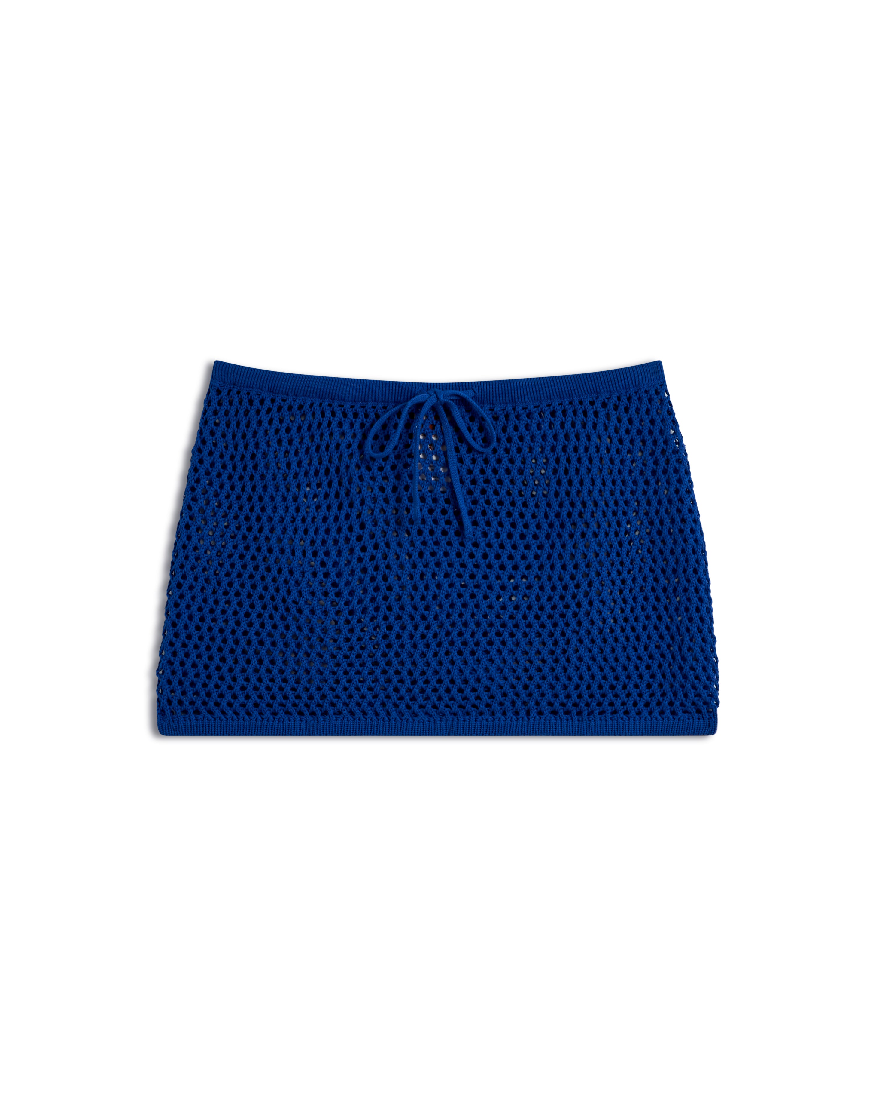 The Dandy Del Mar "The Malaga Crochet Skirt - Solana" is a blue knitted mini skirt featuring a drawstring waist, shown on a white background.