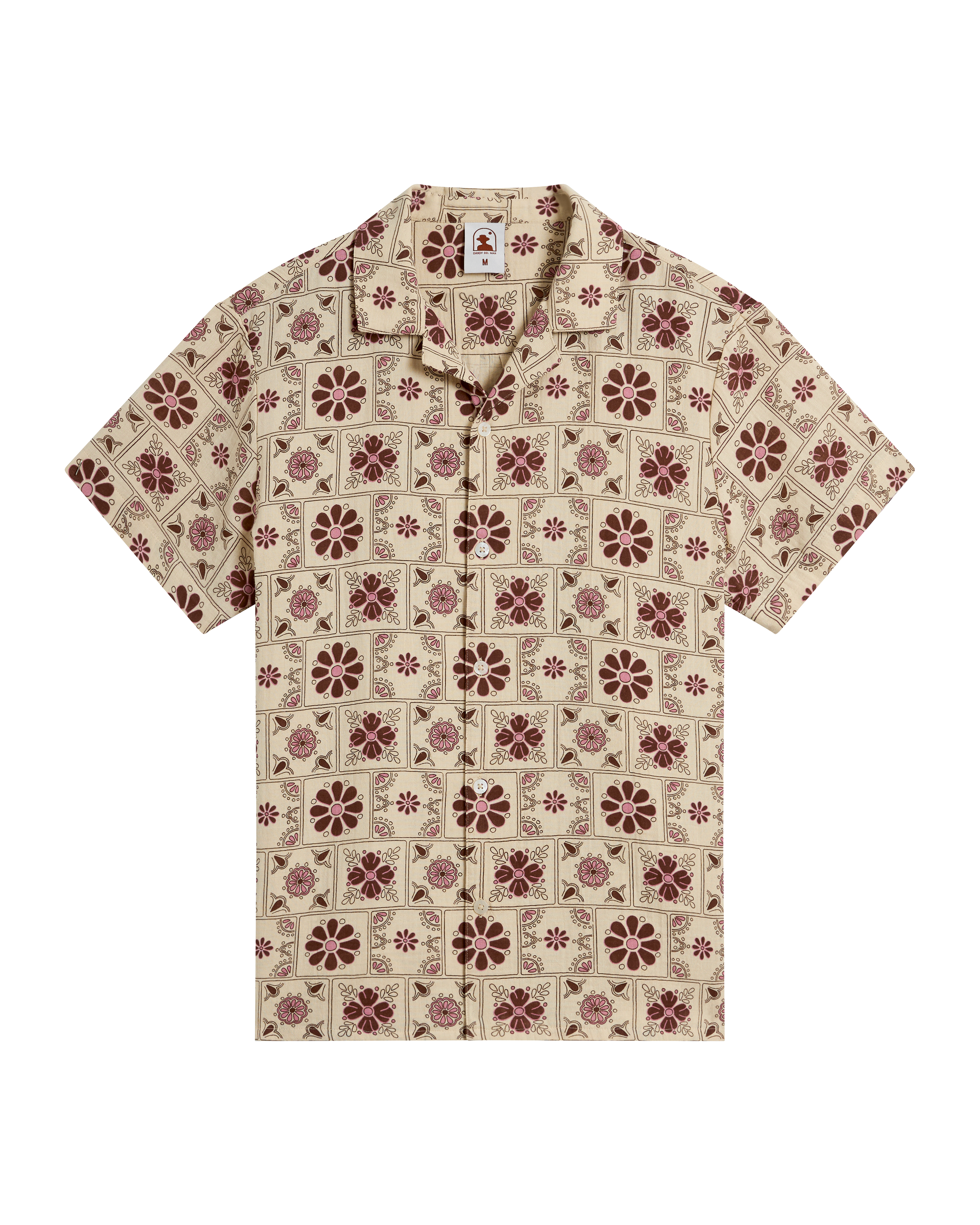 The Grenadine Crinkle Gauze Shirt - Sabbia by Dandy Del Mar features a beige base with a brown floral grid pattern on lightweight crinkle gauze, making it the perfect travel shirt.