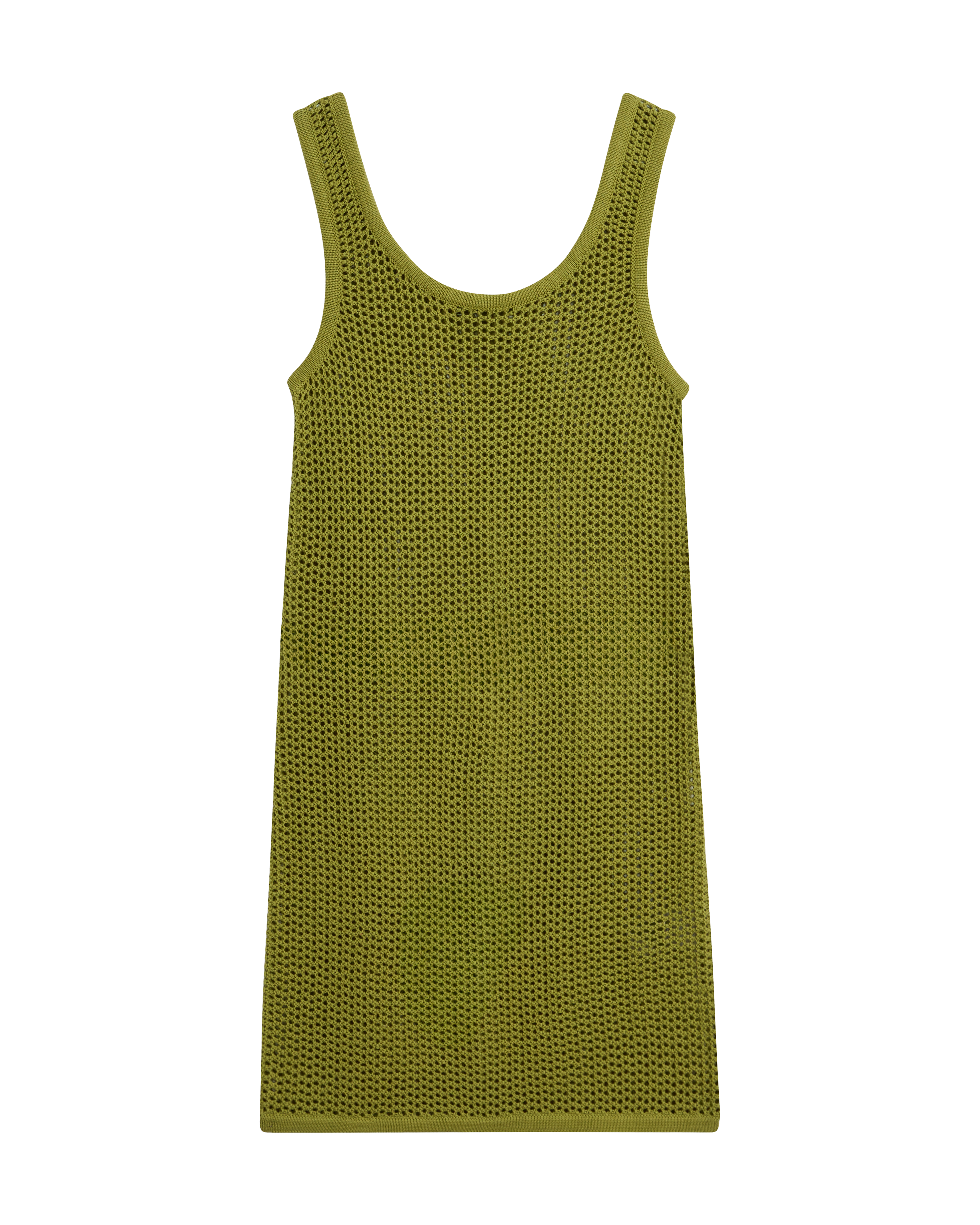 The Malta Crochet Dress - Verde by Dandy Del Mar, a sleeveless olive green knit mesh dress with a chic crochet design, shown laid flat on a black background.