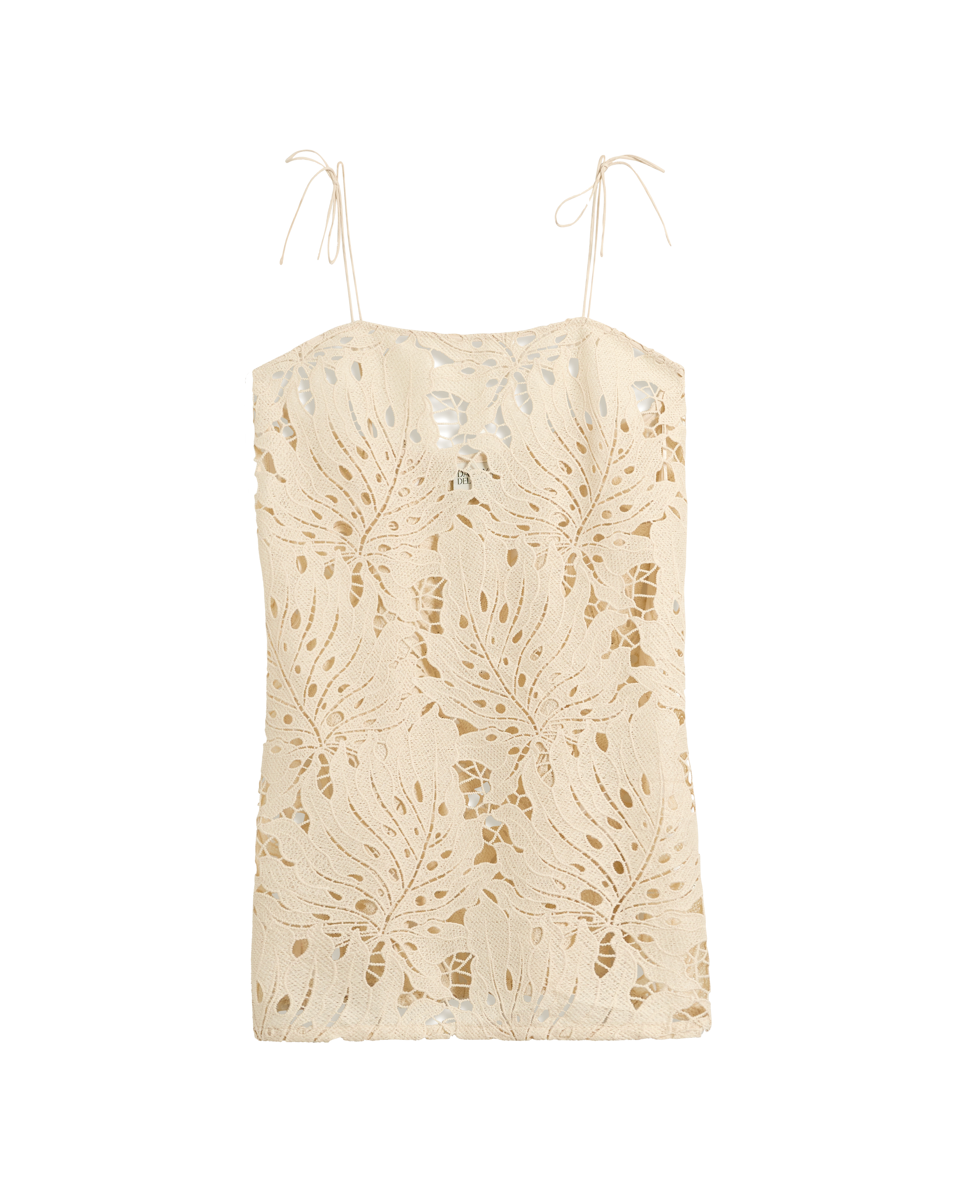 The Mara Tie Strap Dress - Scallop by Dandy Del Mar features a cream hue, delicate leaf pattern, and thin tie-up shoulder straps.