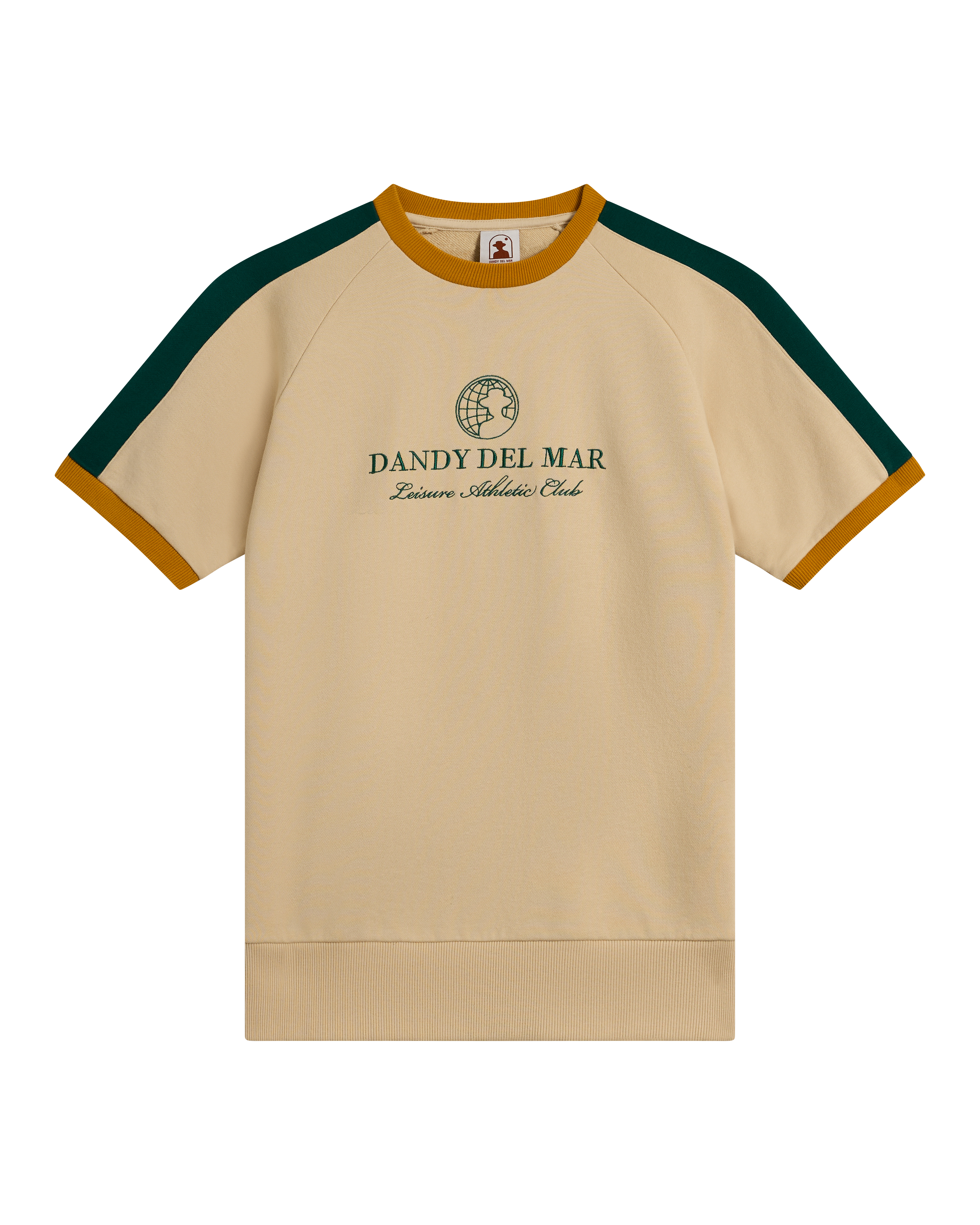 The Marseille French Terry Pullover - Sabbia by Dandy Del Mar is a beige short-sleeve top with green and mustard accents, featuring "Dandy Del Mar Leisure Athletic Club" and a globe logo embroidered on the chest.