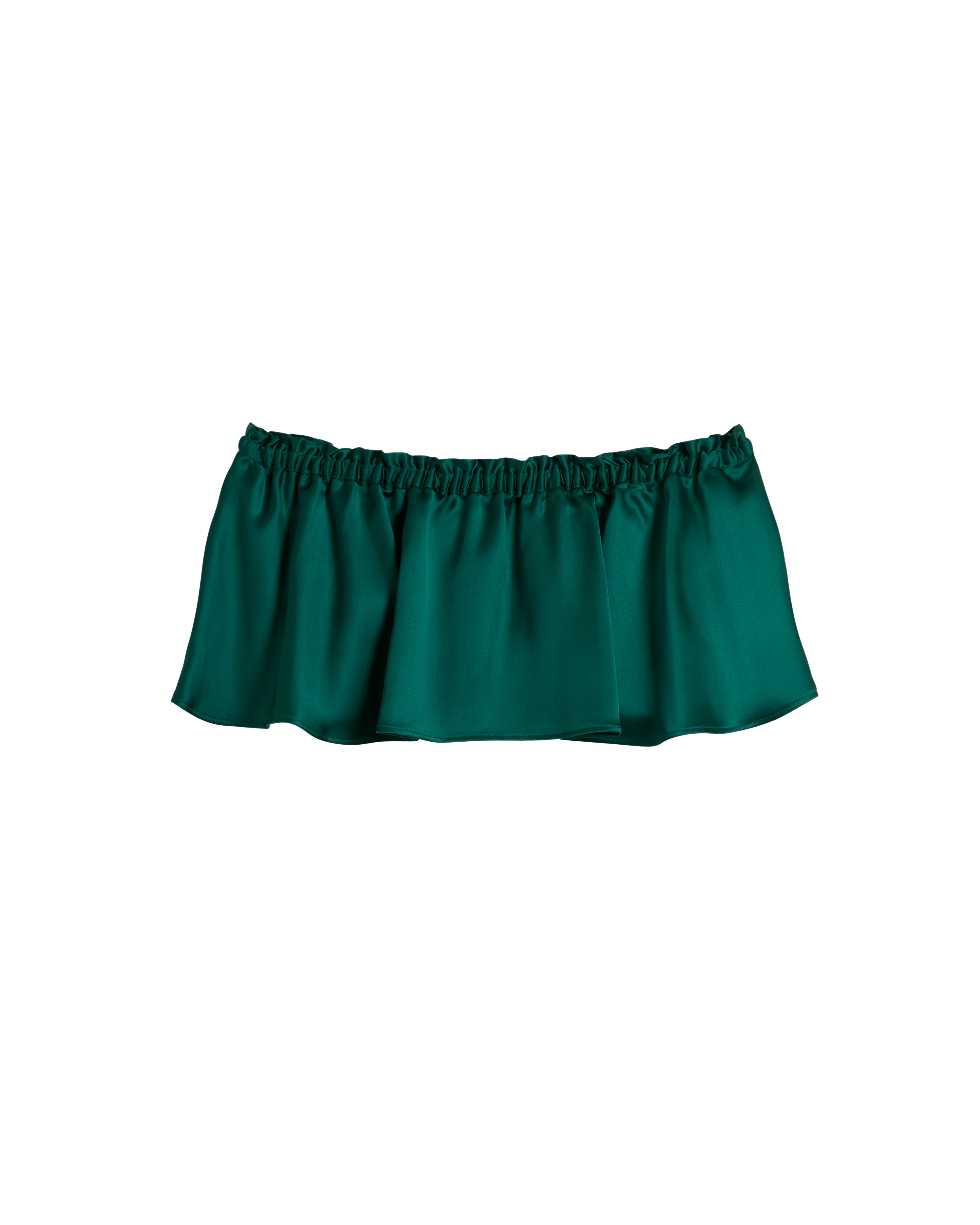 The Monaco Flounce Top - Albero by Dandy Del Mar, a dark green off-the-shoulder crop top with a flounce overlay and elastic neckline, is shown against a plain black background.