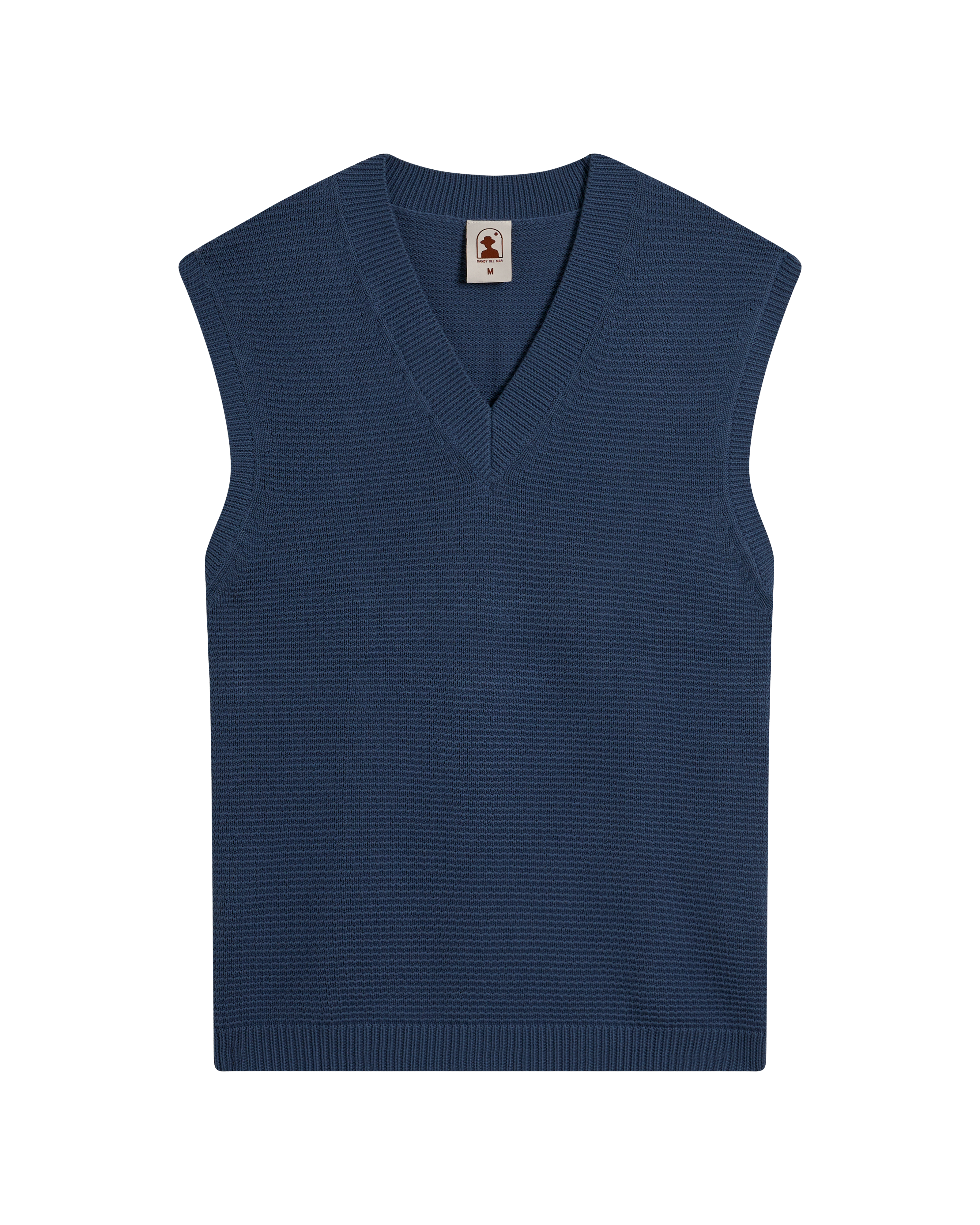 The Montego Knit Vest - Moontide by Dandy Del Mar is a sleeveless blue V-neck sweater vest with ribbed hem and textured knit, shown flat against a white background.