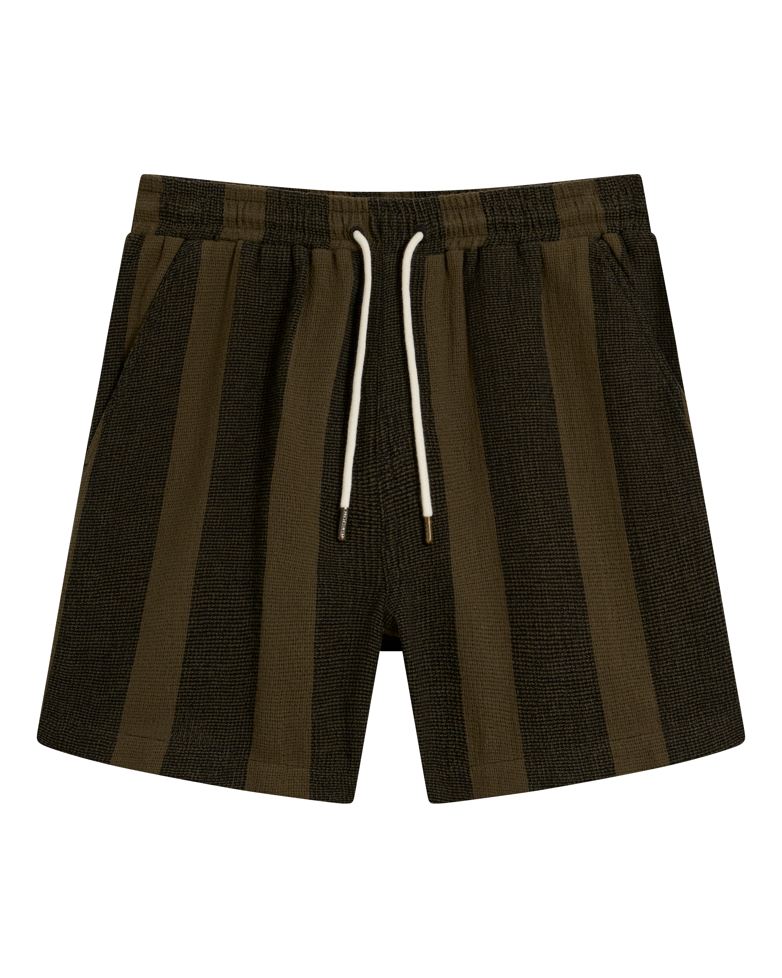 The Palma Short - Onyx by Dandy Del Mar features olive green and black stripes, an elastic waistband, white drawstring, and side pockets—ideal with a camp collar shirt, shown on a plain black background.