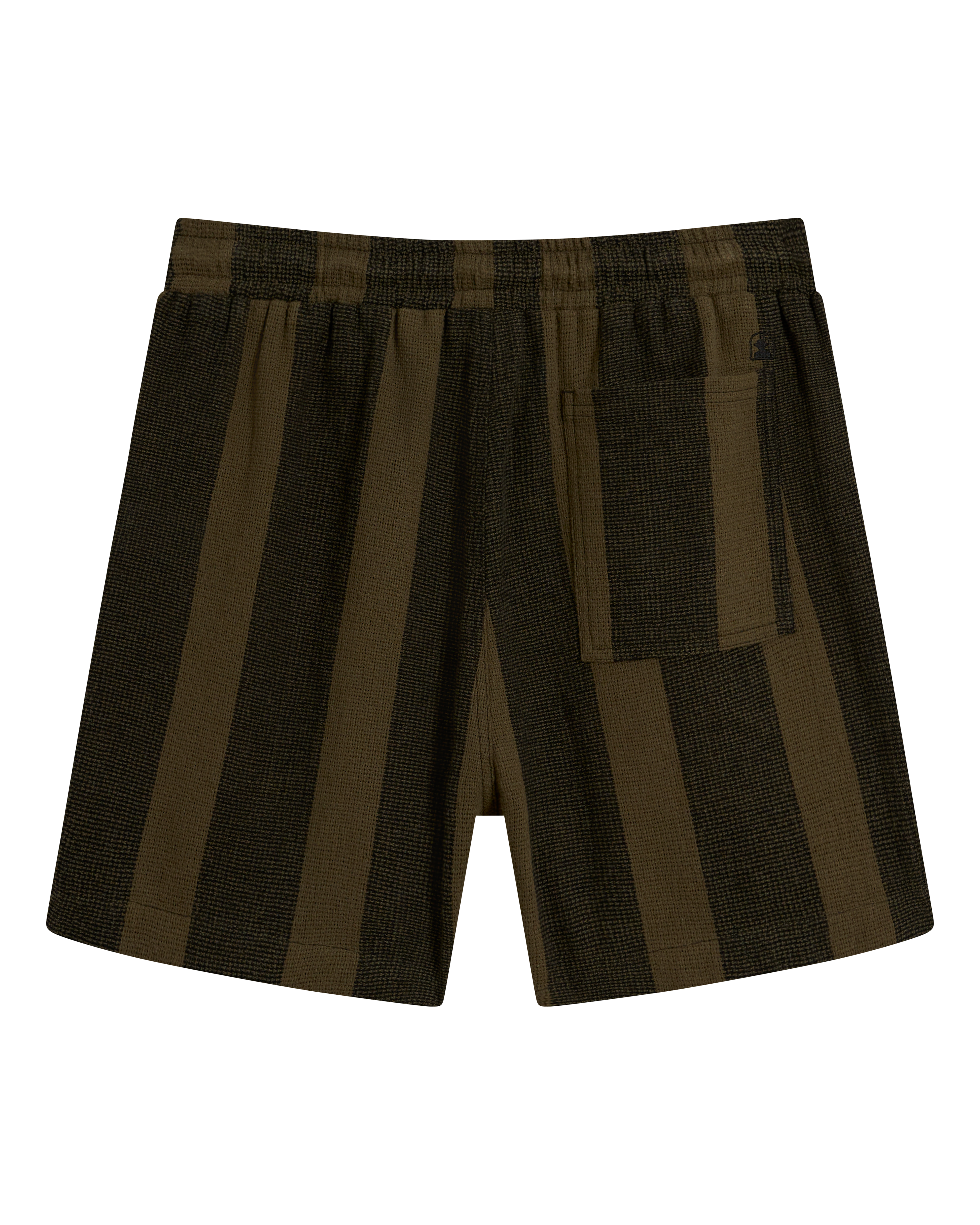 The Palma Short - Onyx by Dandy Del Mar features olive and black stripes, an elastic waistband, and a single back pocket—shown from the back on a black background. Inspired by camp collar shirts and the allure of exotic spices.