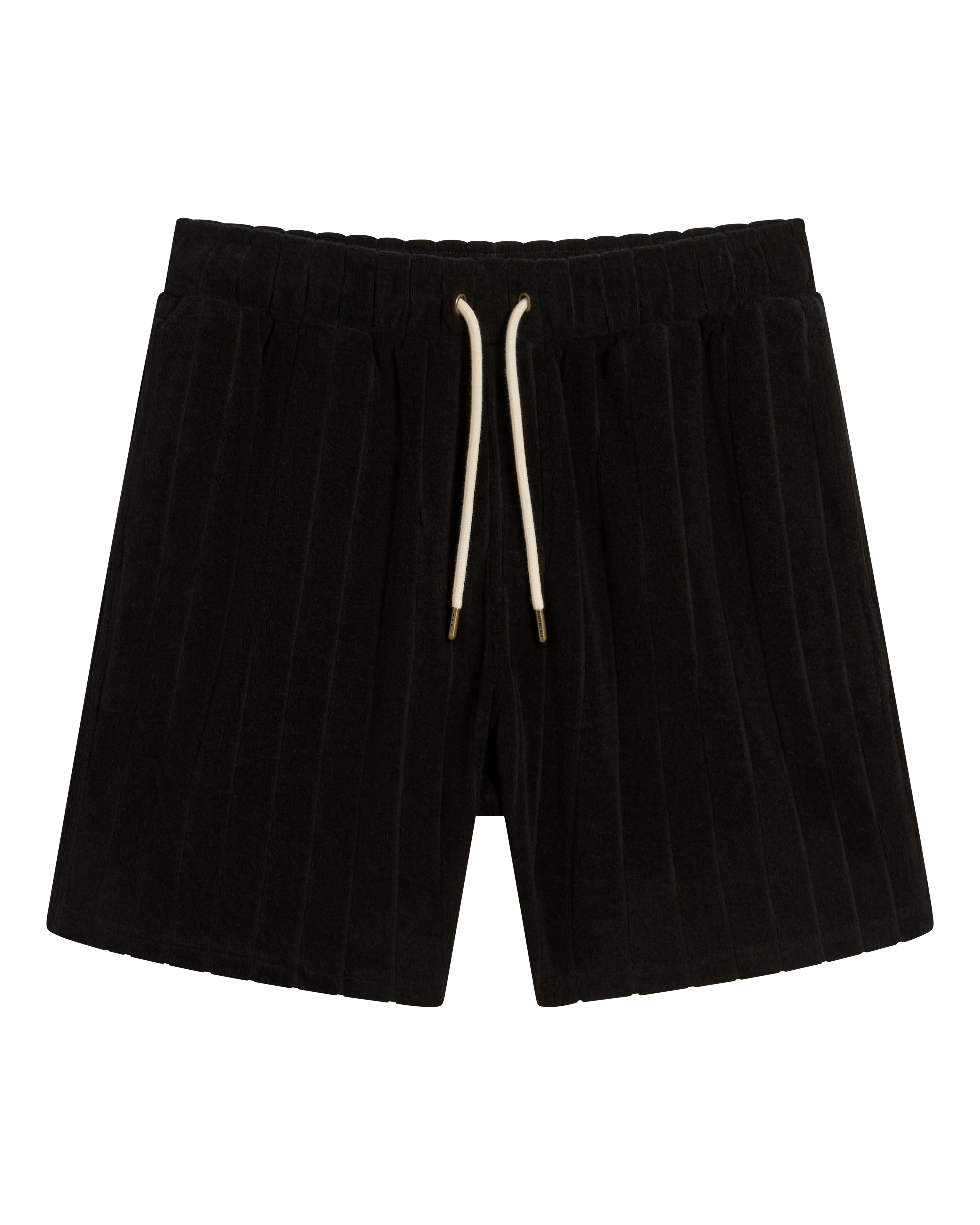 The Tropez Jacquard Short - Scallop Stripe by Dandy Del Mar features black pleated jacquard striped terry cloth, an elastic waistband, and a white drawstring with gold metal tips.