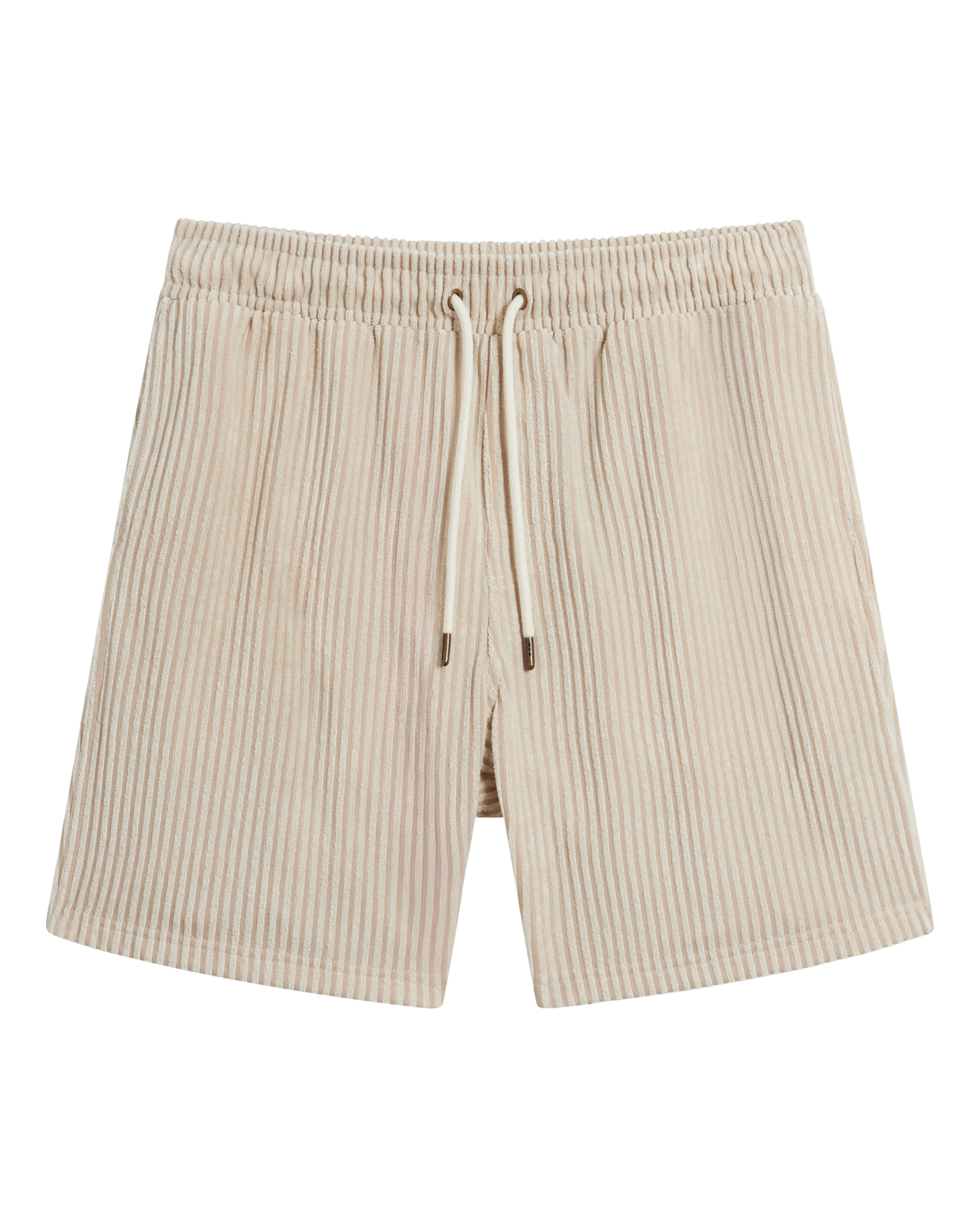 The Tropez Jacquard Shorts - Scallop Stripe by Dandy Del Mar, featuring beige and white vertical stripes, an elastic waistband, and adjustable drawstring, are shown laid flat on a white background.