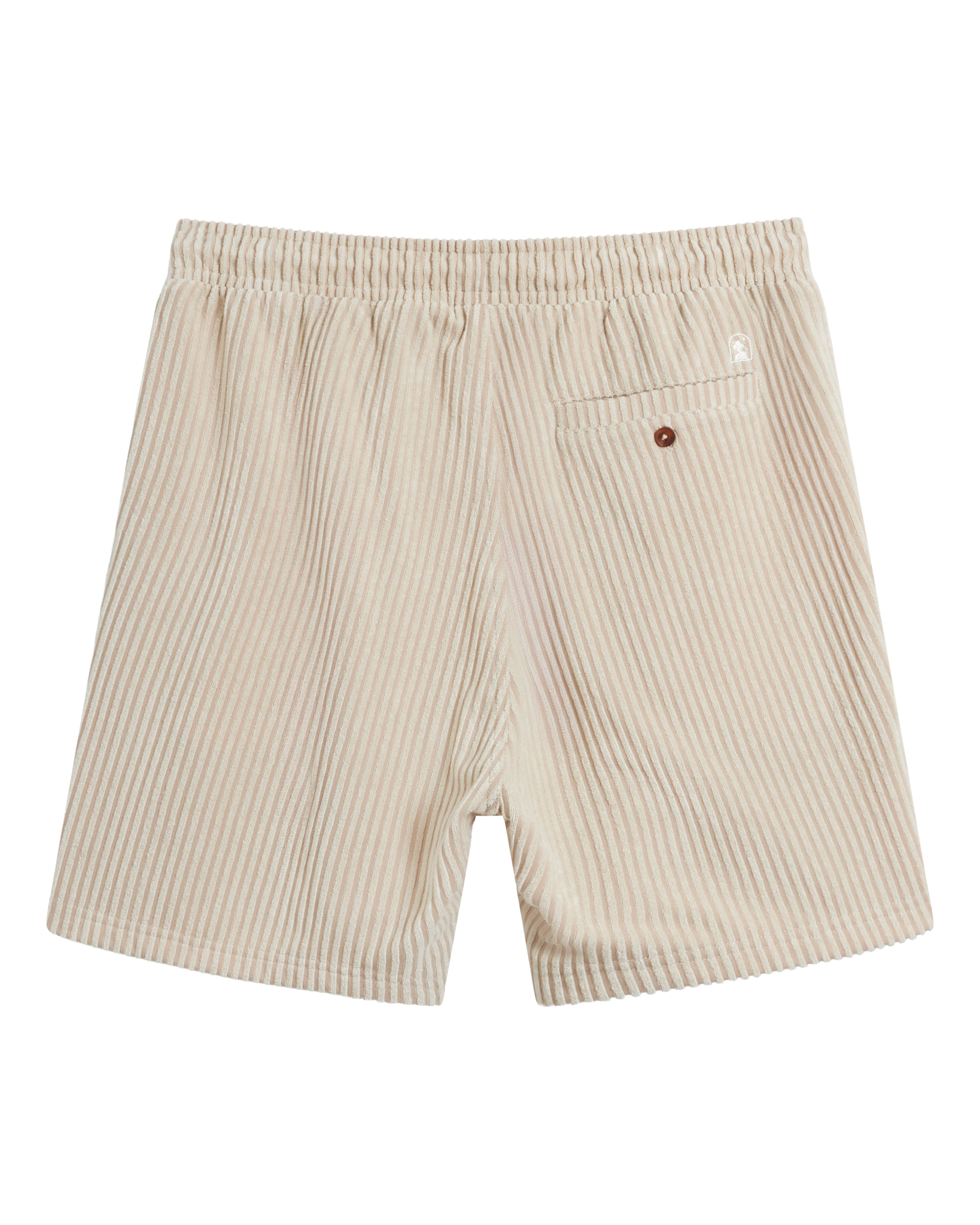 The Tropez Jacquard Shorts - Scallop Stripe by Dandy Del Mar feature beige and white vertical stripes, jacquard terry cloth, an elastic waistband, and a single back pocket with button closure.
