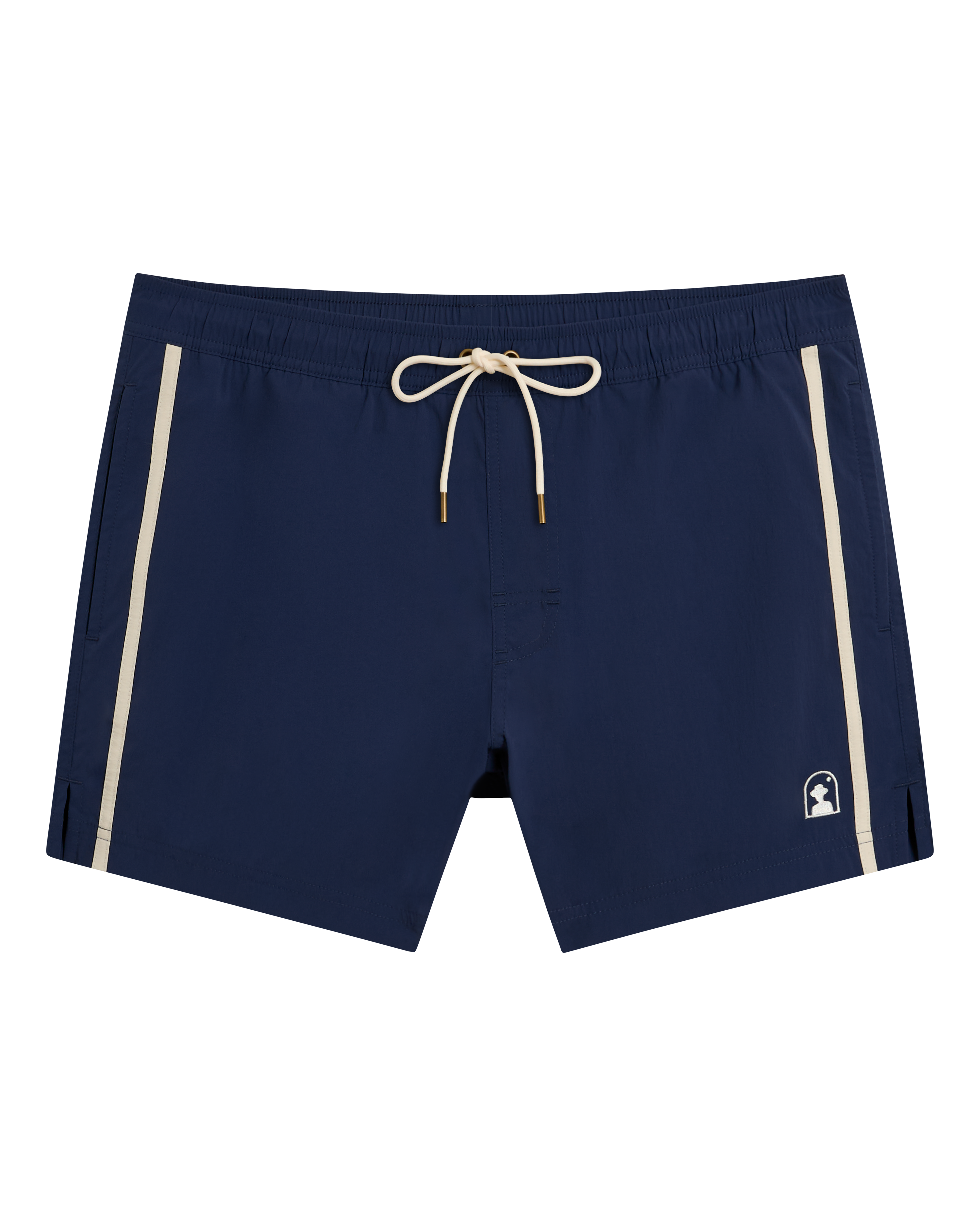The Ventura Volley Short - Anchor by Dandy Del Mar features navy blue fabric with beige side stripes, elastic waist with drawstring, two side pockets, micro mesh liner for comfort, and a small white logo near the left hem.