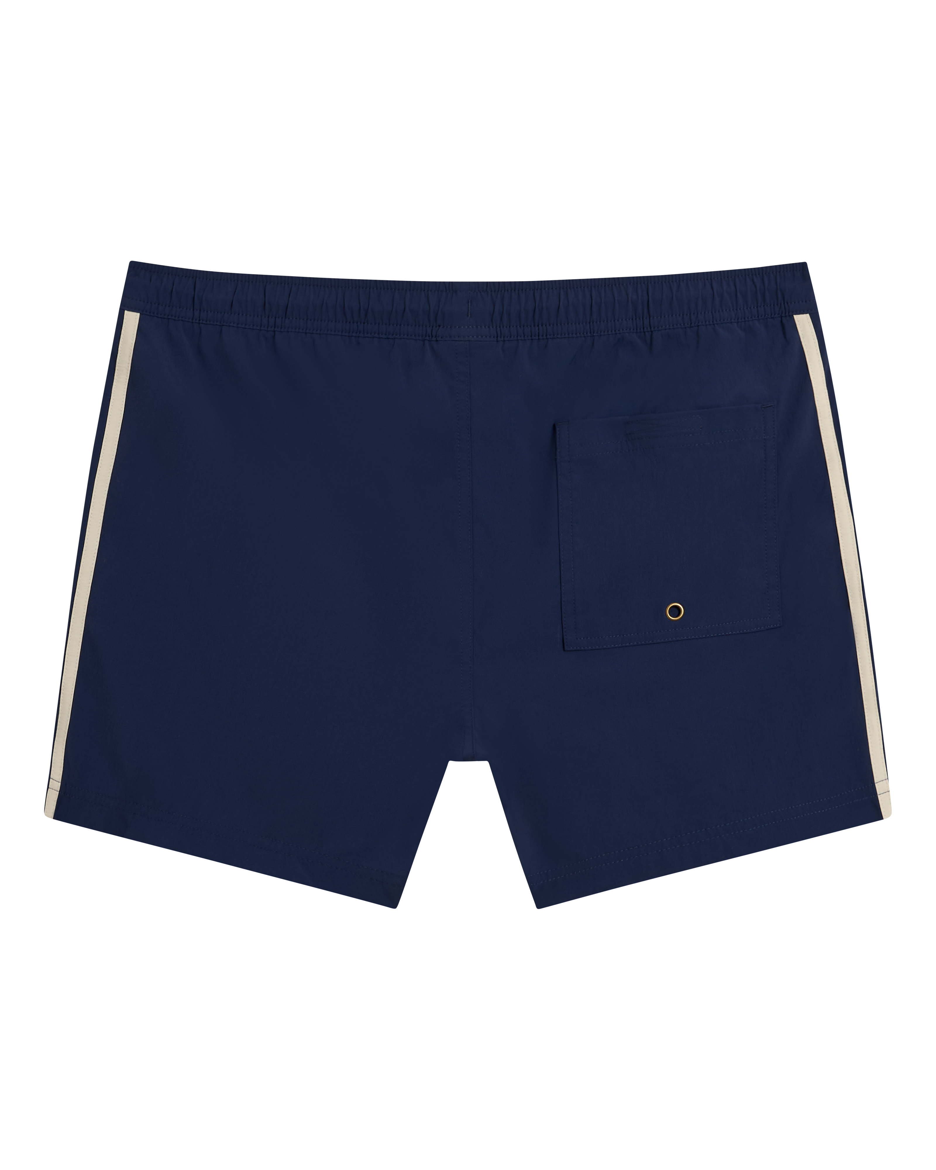 The Ventura Volley Short - Anchor by Dandy Del Mar features navy blue fabric, cream side stripes, an elastic waist, micro mesh liner for comfort, and a back pocket with metal grommet for drainage.