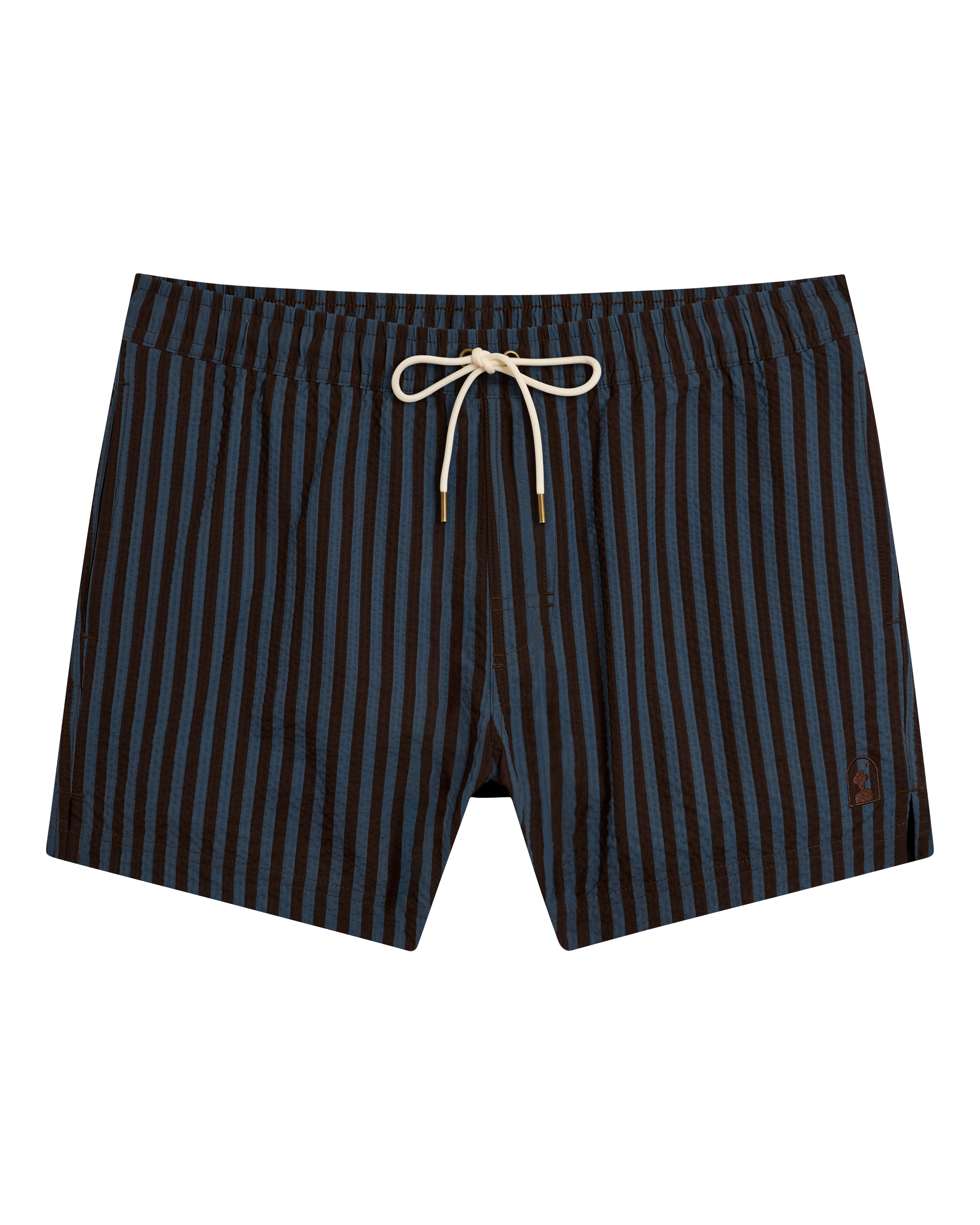 The Ventura Volley Short - Moontide by Dandy Del Mar features vertical dark blue and black stripes, an elastic waist with white drawstring, and a 4.25-inch inseam, shown laid flat on a plain background.
