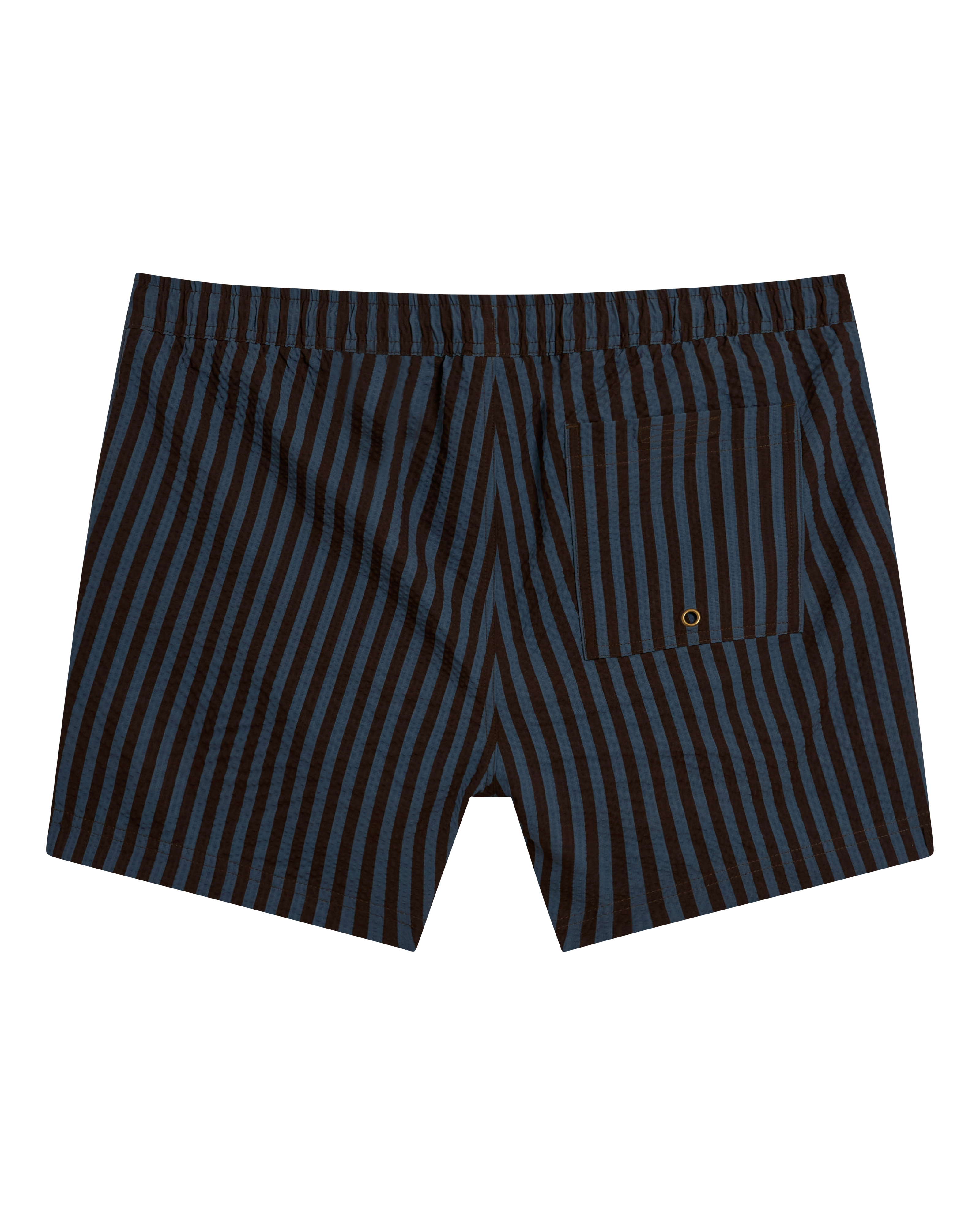 Back view of Dandy Del Mar's The Ventura Volley Short - Moontide, featuring vertical black and blue stripes, elastic waist, 4.25-inch inseam, and a single back pocket with a small metal grommet.