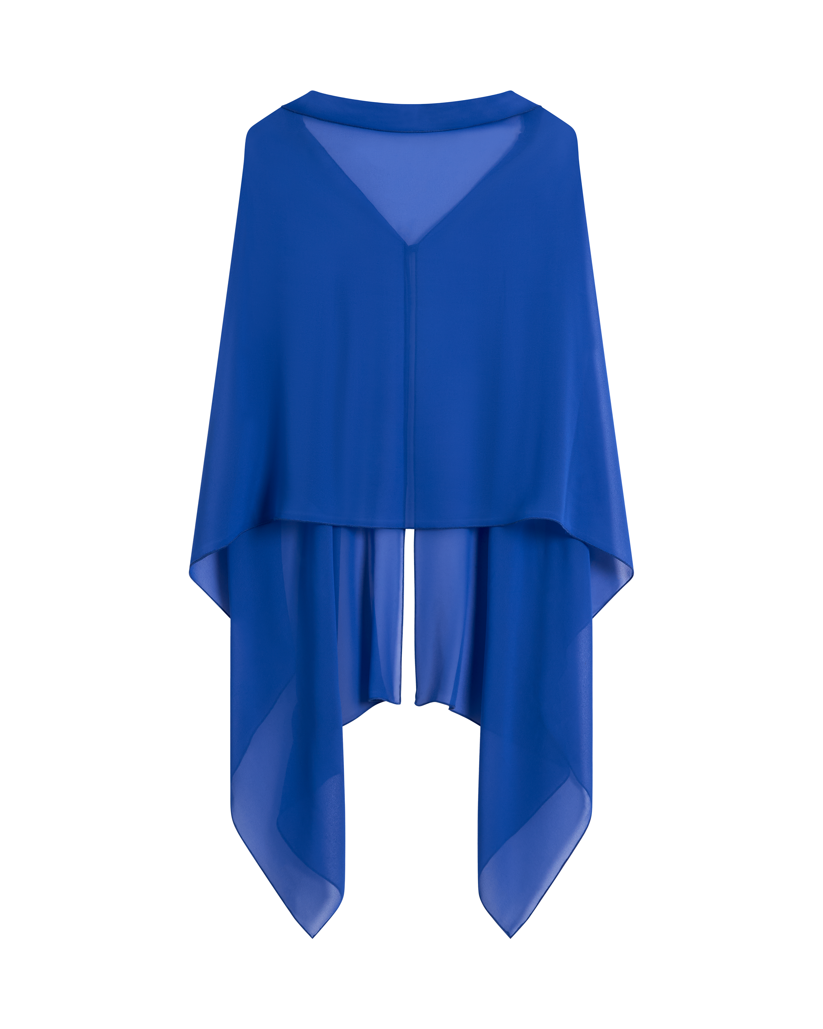 The Zante Top - Solana by Dandy Del Mar features a royal blue sheer chiffon design with a V-neck, open back, and draped asymmetrical hem for versatile styling.