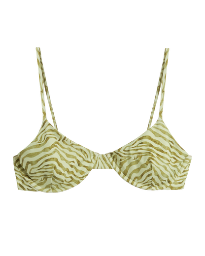 The Avila Top - Arbequina by Dandy Del Mar is a light green and beige zebra print underwire bralette bikini top with thin adjustable straps, crafted from recycled nylon swimwear, shown on a plain black background.