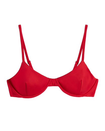 The Avila Top - Pico by Dandy Del Mar: a red underwire bralette with adjustable straps, designed as a sustainable swim top, shown against a plain white background.