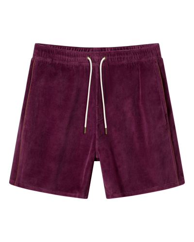 The Rio Velour Shorts - Bordeaux by Dandy Del Mar feature a plum hue, white drawstrings, and side pockets—an elegant upgrade to men's leisurewear.