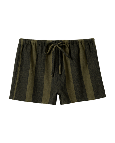 The Sevilla Shorts - Onyx by Dandy Del Mar feature an elastic waistband with drawstring, mid rise fit, and vertical dark green and black stripes on textured fabric—combining standout style and comfort.