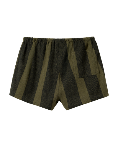 The Dandy Del Mar Sevilla Shorts - Onyx feature olive green and black vertical stripes, an elastic waistband, a single back pocket, and a mid-rise fit. Shown against a plain white background.