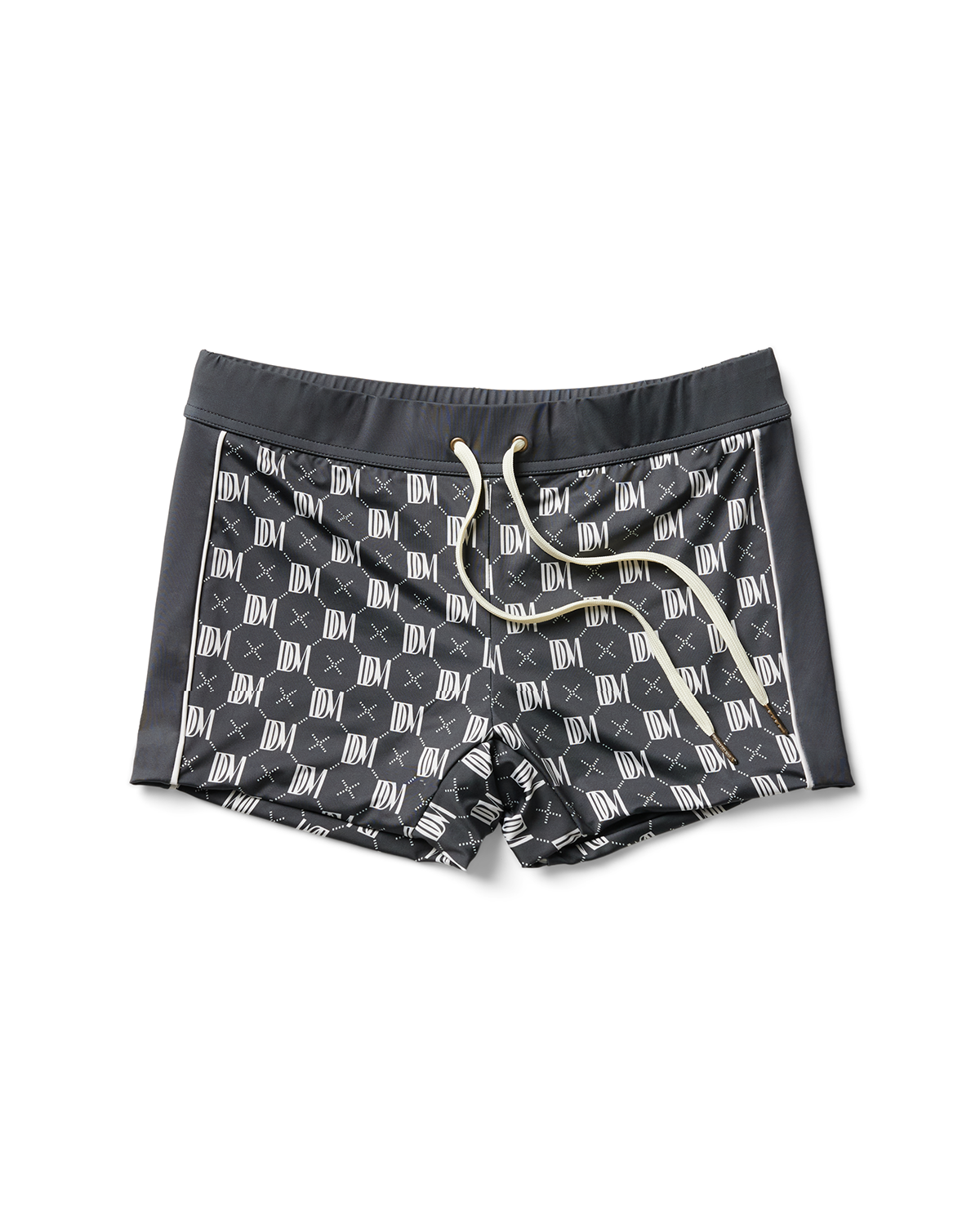 Men's boxer briefs with brand logo pattern on a white background, The Cassis Square Cut Swim Brief - DDM Monogram by Dandy Del Mar.