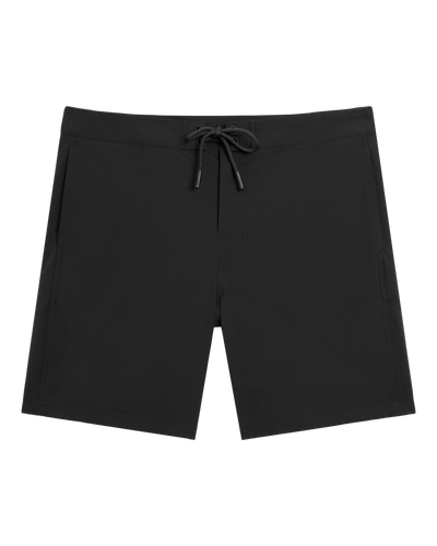 The Cavoli Swim Shorts - Onyx by Dandy Del Mar, black athletic swim trunks with a drawstring waistband, made from performance 4-way stretch fabric, shown laid flat on a white background.