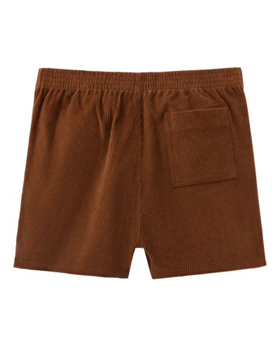 The Corsica Corduroy Shorts - Tobacco by Dandy Del Mar feature an elastic waistband and a single back pocket, making these brown men's shorts perfect for relaxed outings. Displayed on a white background.
