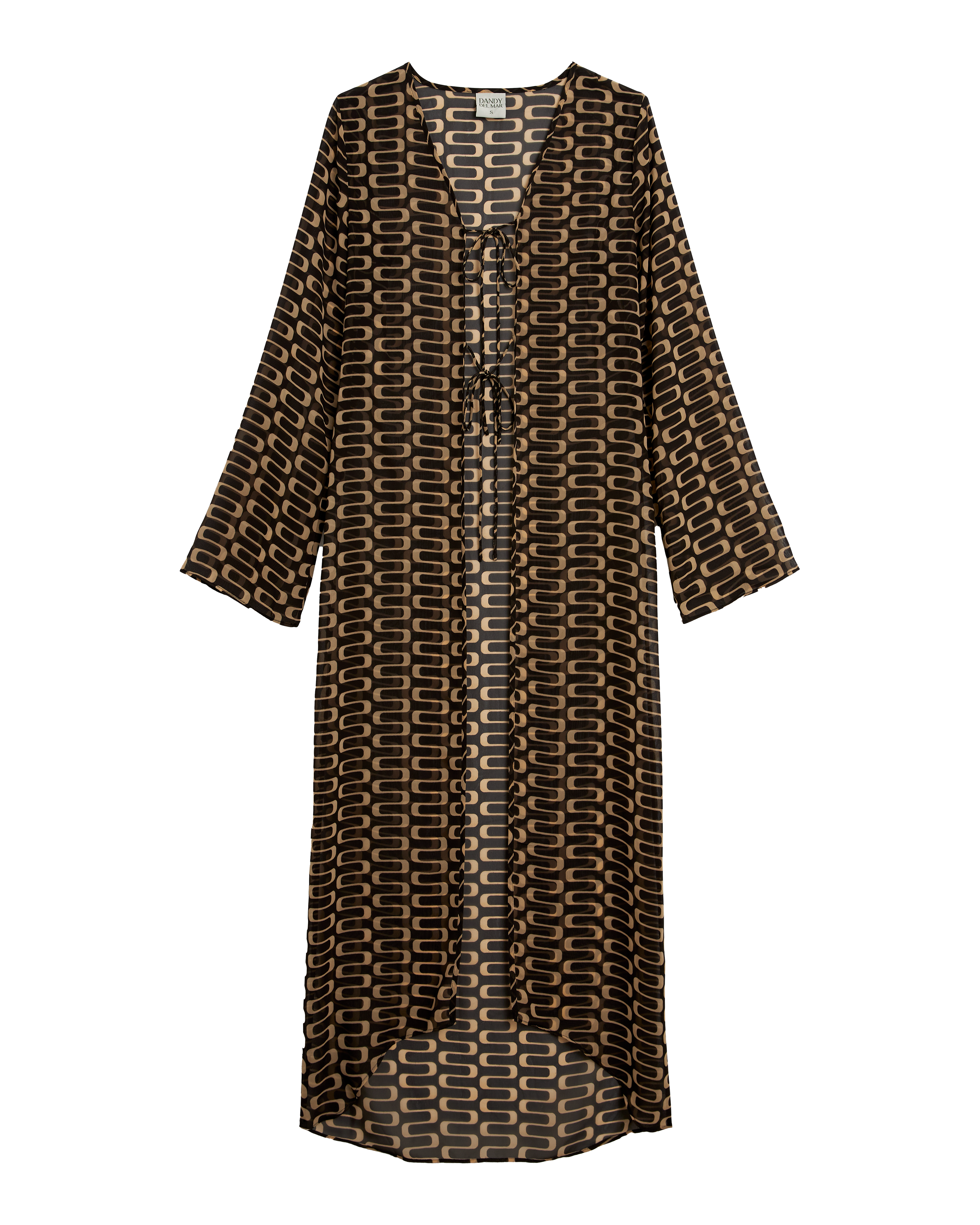 The Curacao Chiffon Dress - Albatross by Dandy Del Mar is a long, sheer black and brown patterned kimono-style cover-up featuring wide bell sleeves and a front tie closure.