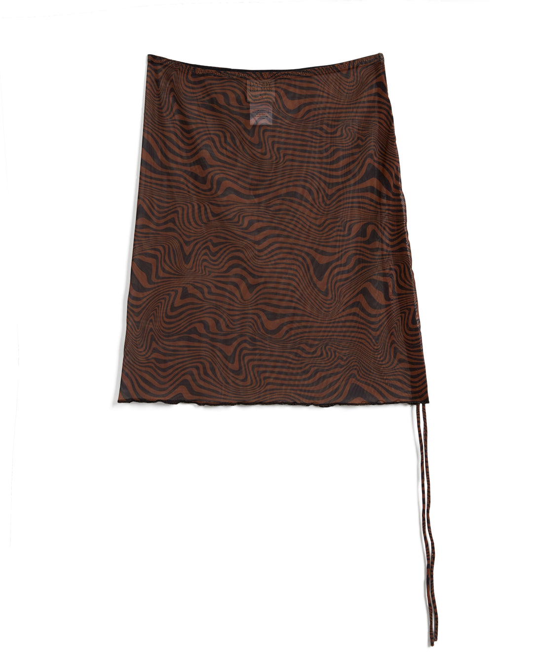 A brown and black patterned The Athena Skirt - Onyx mini skirt from Dandy Del Mar with a wrap design and strings hanging from the bottom right corner, made of airy mesh fabric, lying flat on a plain white background.