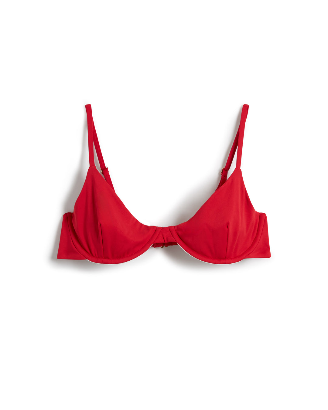 A red underwire bralette with adjustable straps on a white background is The Avila Top - Pico by Dandy Del Mar.