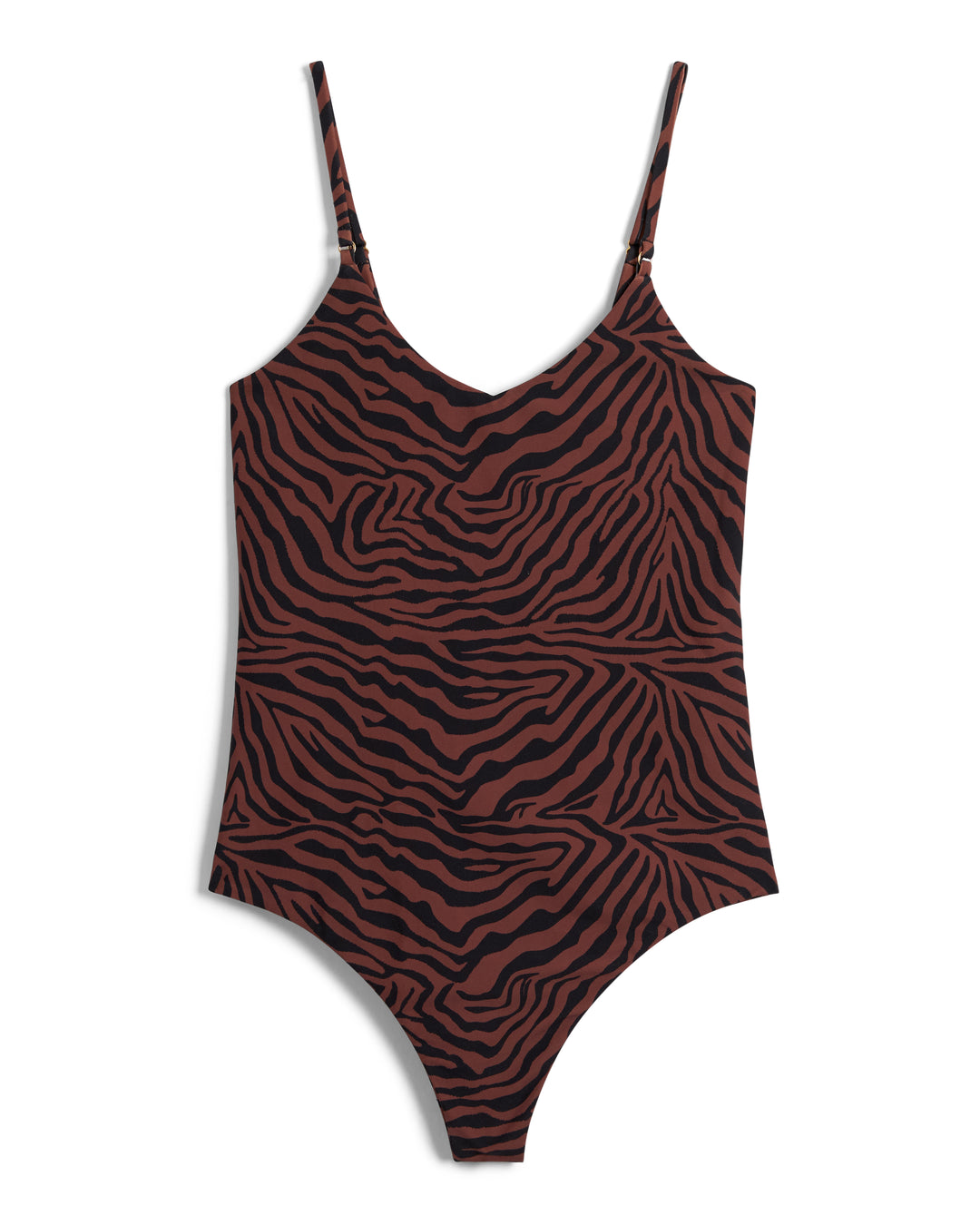 The Deia One Piece - Onyx by Dandy Del Mar features a striking brown and black zebra print design with spaghetti straps, seamlessly integrating into our women's swim collection. This stylish piece also boasts a high-cut design for an elongated silhouette.