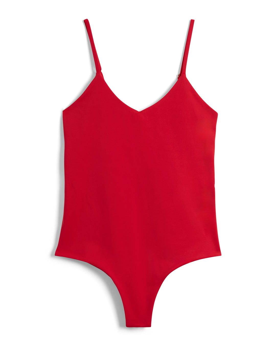 Introducing **The Deia One Piece - Pico** by **Dandy Del Mar**: a red sleeveless bodysuit with thin straps and a V-neck design, featuring a high-cut cheeky design. Part of our women's swim collection, it's showcased on a plain white background.