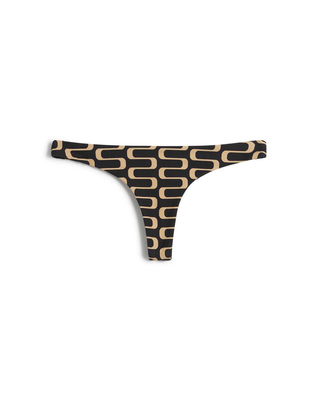 A black and beige patterned thong-style underwear with a mid-rise cut and cheeky coverage against a white background, The Gomera Bottom - Albatross from Dandy Del Mar.