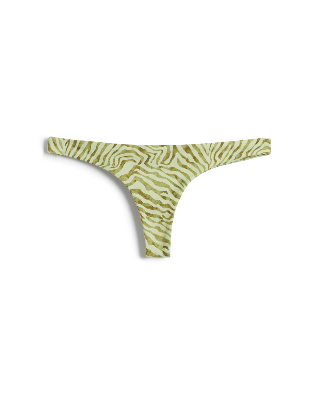 A women's thong, The Gomera Bottom - Arbequina by Dandy Del Mar, with a green and beige zebra print design, featuring a cheeky coverage.