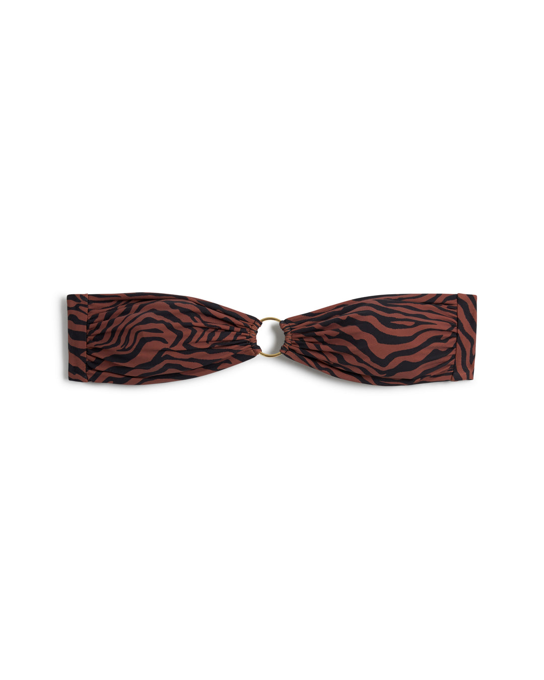 Introducing **The Gomera Top - Onyx** by **Dandy Del Mar**, a strapless bikini adorned with a striking brown and black animal print pattern, crafted from recycled nylon, and featuring an elegant ring detail at the center.