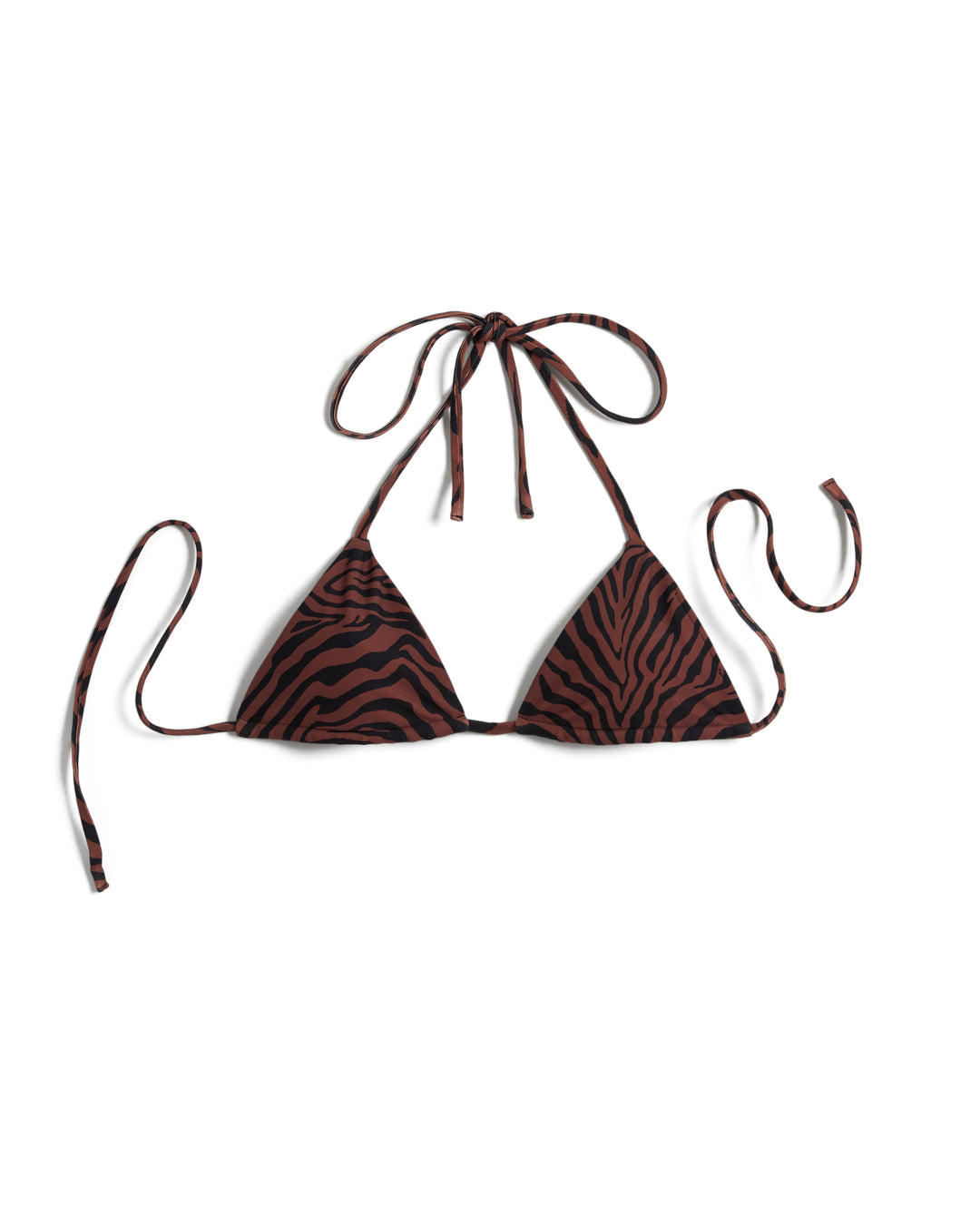 The Hierro Top - Onyx, a brown and black zebra print bikini top with adjustable halter neck and back ties from Dandy Del Mar, embodies minimalist design. Laid flat on a white surface, it promises UV bliss for your sun-soaked days.
