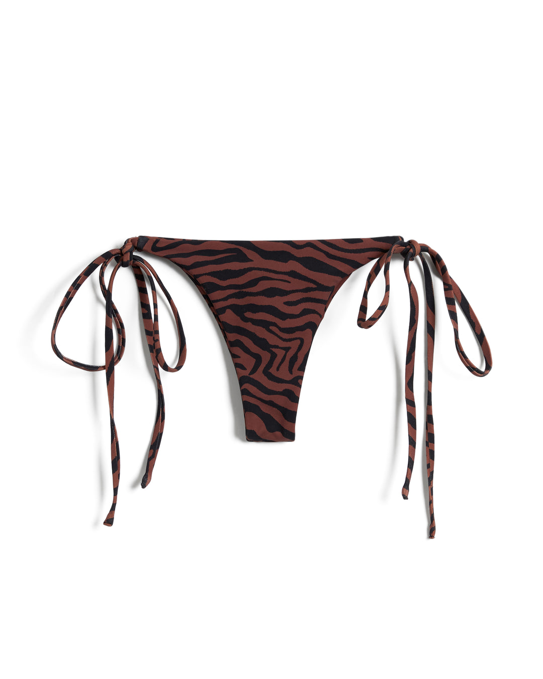 A pair of **The Kokomo Bottom - Onyx** by **Dandy Del Mar** with a brown and black zebra print pattern, featuring adjustable side ties and skimpy coverage, made from recycled nylon.