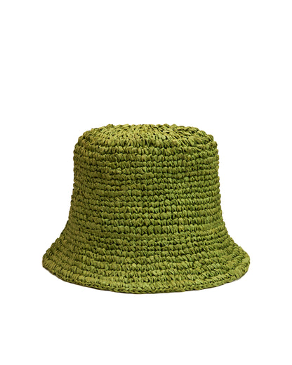 The Amabile Raffia Hat - Verde by Dandy Del Mar features a green woven construction with a refined, textured design and raffia-style crochet, offering both style and UV protection.