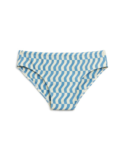 The Belize Swim Briefs - Annapolis by Dandy Del Mar feature blue and white wavy stripes on a plain white background, crafted from recycled polyester to fuse timeless style with Eco-conscious elegance, ideal for an epicurean lifestyle.