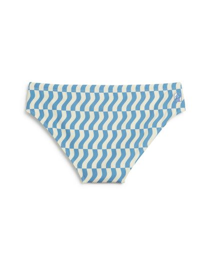 Discover The Belize Swim Briefs - Annapolis by Dandy Del Mar, where luxury meets sustainability with blue and white wavy stripes crafted from recycled polyester, combining style and eco-friendliness against a pristine white backdrop.