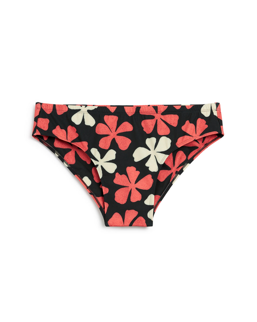 Introducing The Belize Swim Briefs - Currant by Dandy Del Mar: black bikini bottoms featuring a bold red and white floral design. Made from recycled polyester, they blend sustainability with style for your sun-kissed adventures.